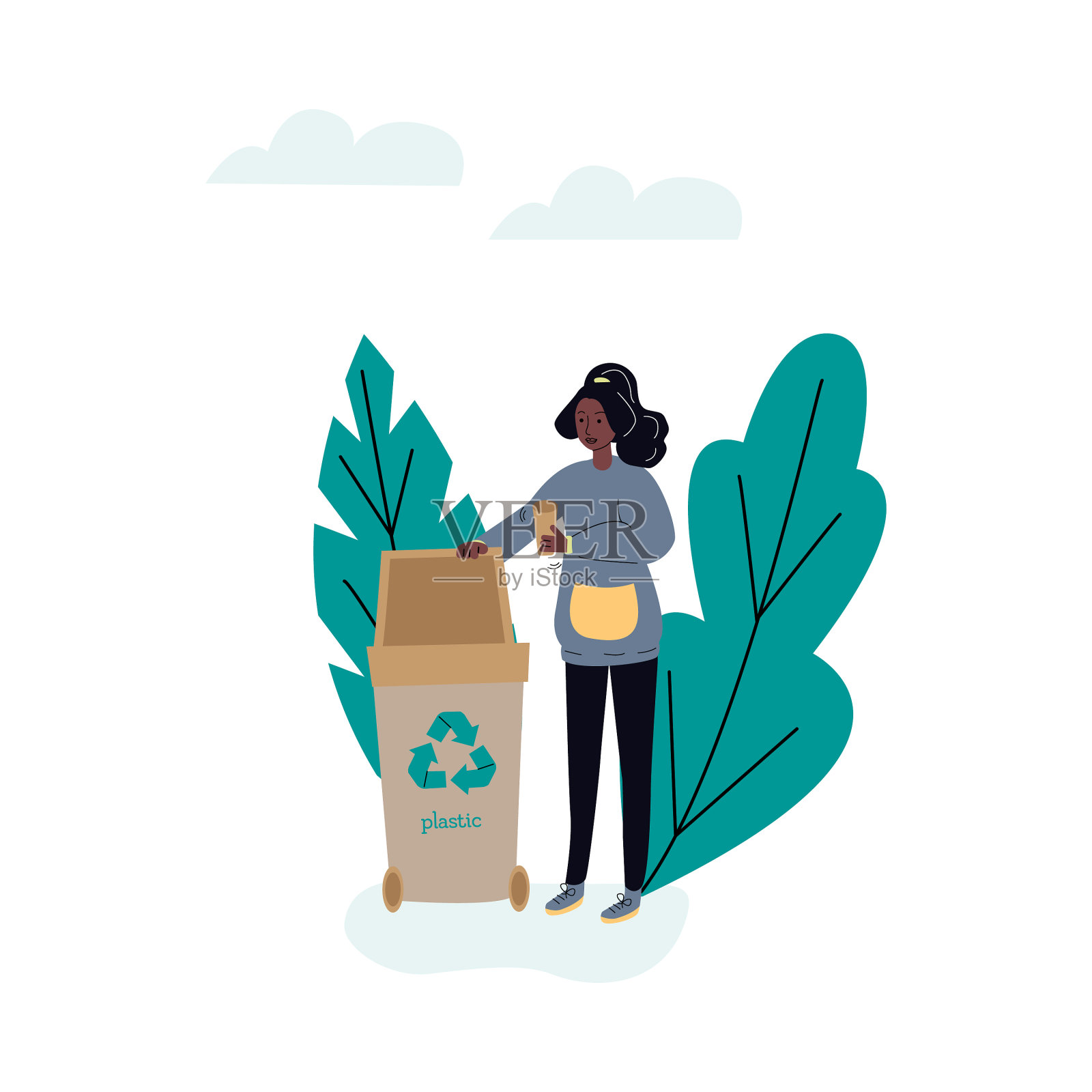 正在分类塑料垃圾的女人卡通人物插画图片素材