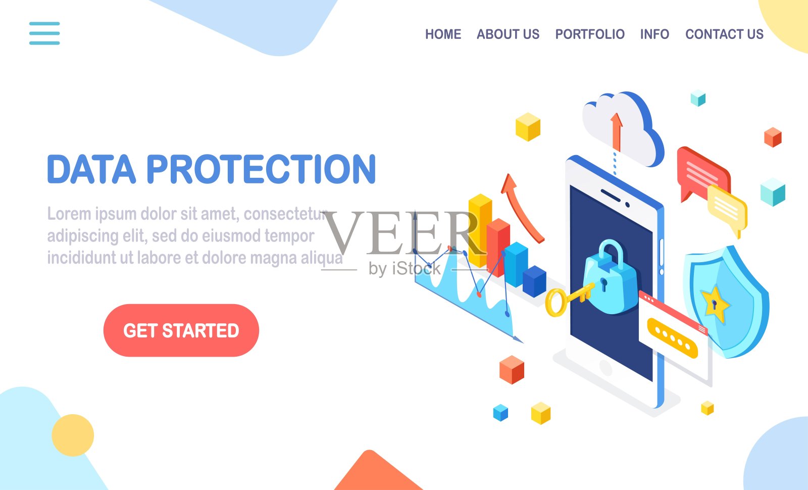 数据保护。网络安全，密码隐私访问。3d等距手机与钥匙，锁，盾牌，云，语音泡泡，智能手机，金钱，图表，图表。旗帜的矢量设计插画图片素材