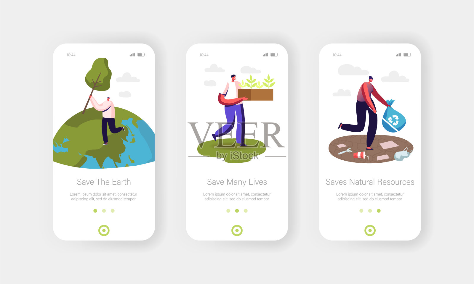 志愿者拯救地球自然移动应用程序页面板载屏幕模板。全球变暖，环境保护，地球日设计模板素材