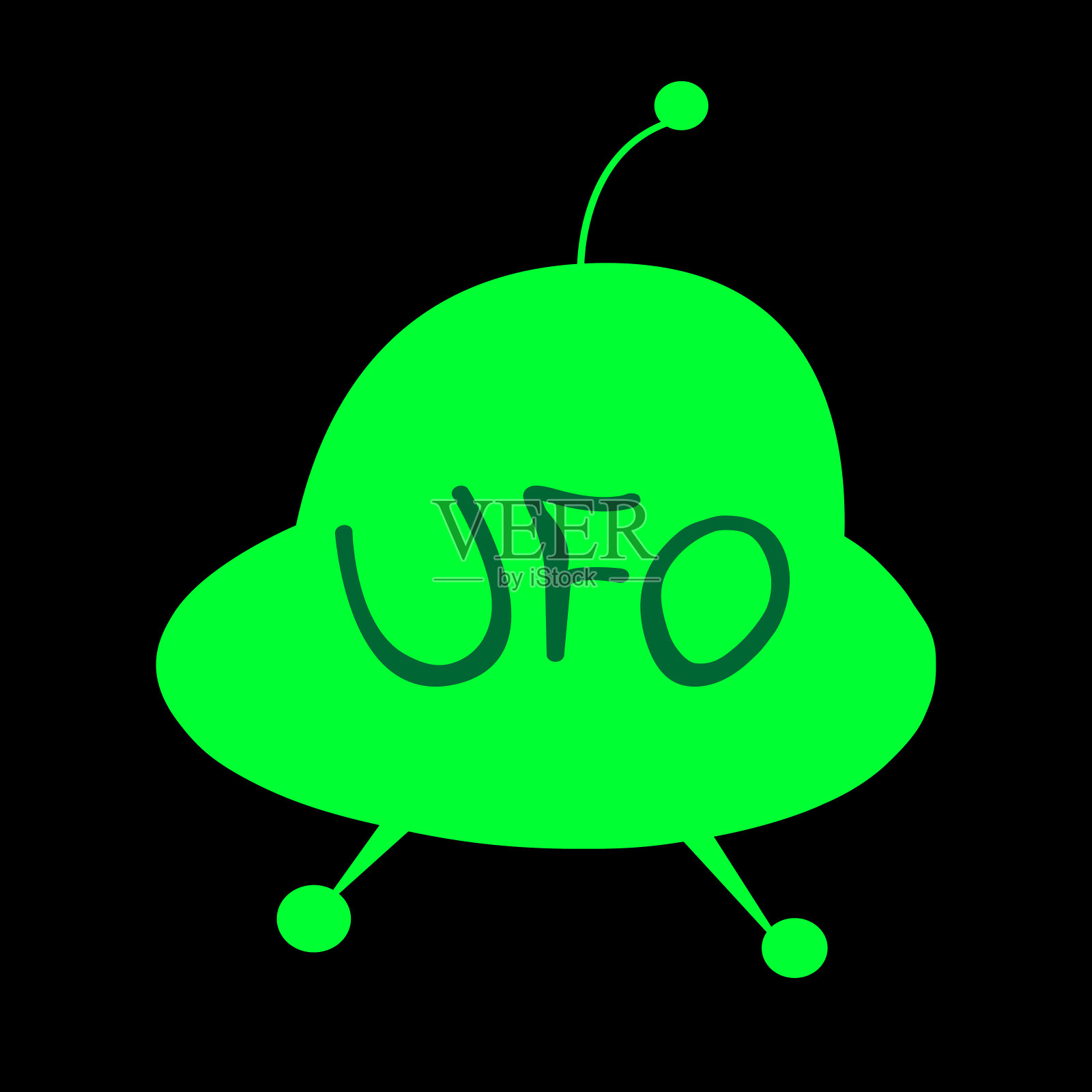 UFO的标志。简单的平面图标插图，UFO矢量网站或移动应用程序。卡通涂鸦风格的绿色飞碟孤立在黑色背景上插画图片素材