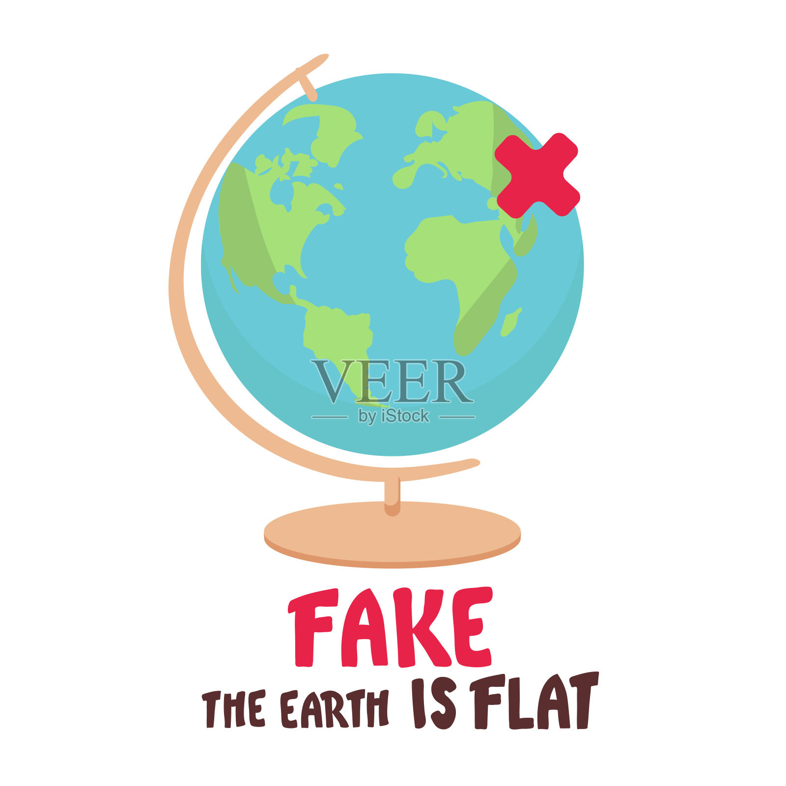 假的。地球是平的。在地球的背景上刻字。平面地球概念插图。古代宇宙学模型和现代伪科学阴谋论。孤立矢量剪贴画插画图片素材