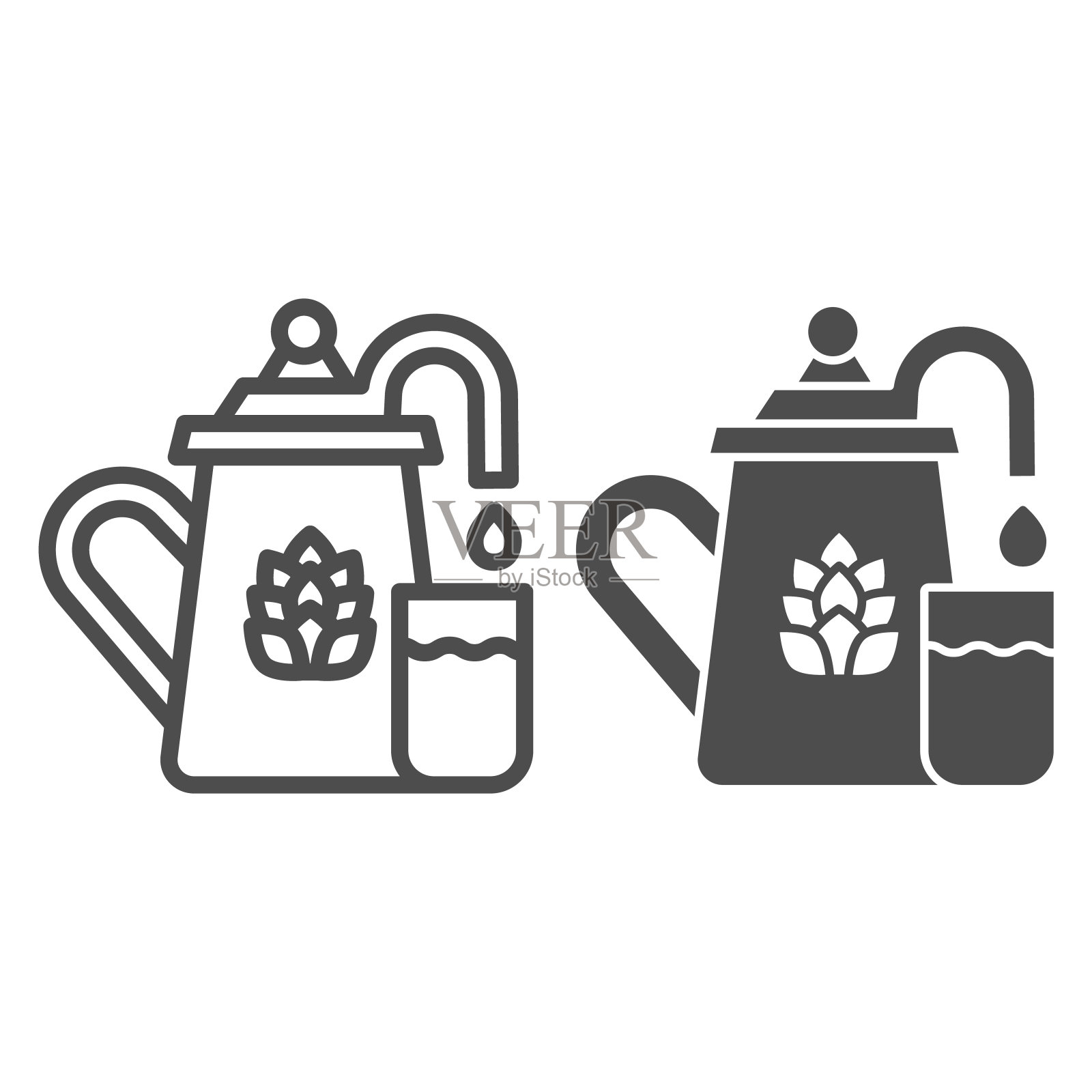 啤酒发酵线和固体图标，精酿啤酒概念，过滤设备和酿造标志的白色背景，酿造容器与啤酒玻璃图标轮廓风格。矢量图形。插画图片素材