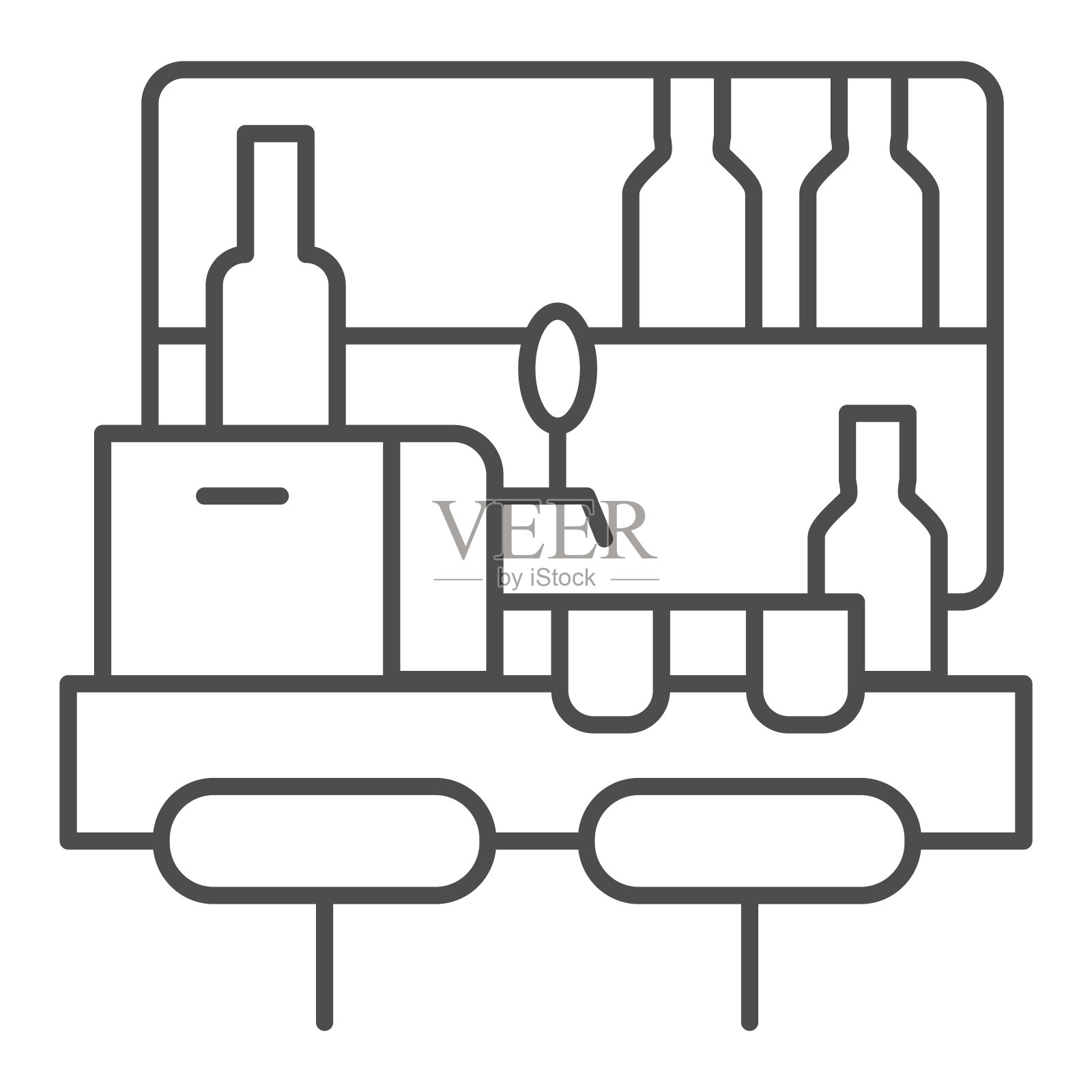 酒吧桌子与瓶子，玻璃和tap细线图标，精酿啤酒概念，酒吧柜台标志在白色背景，酒吧内部图标轮廓风格的移动概念，网页设计。矢量图形。图标素材