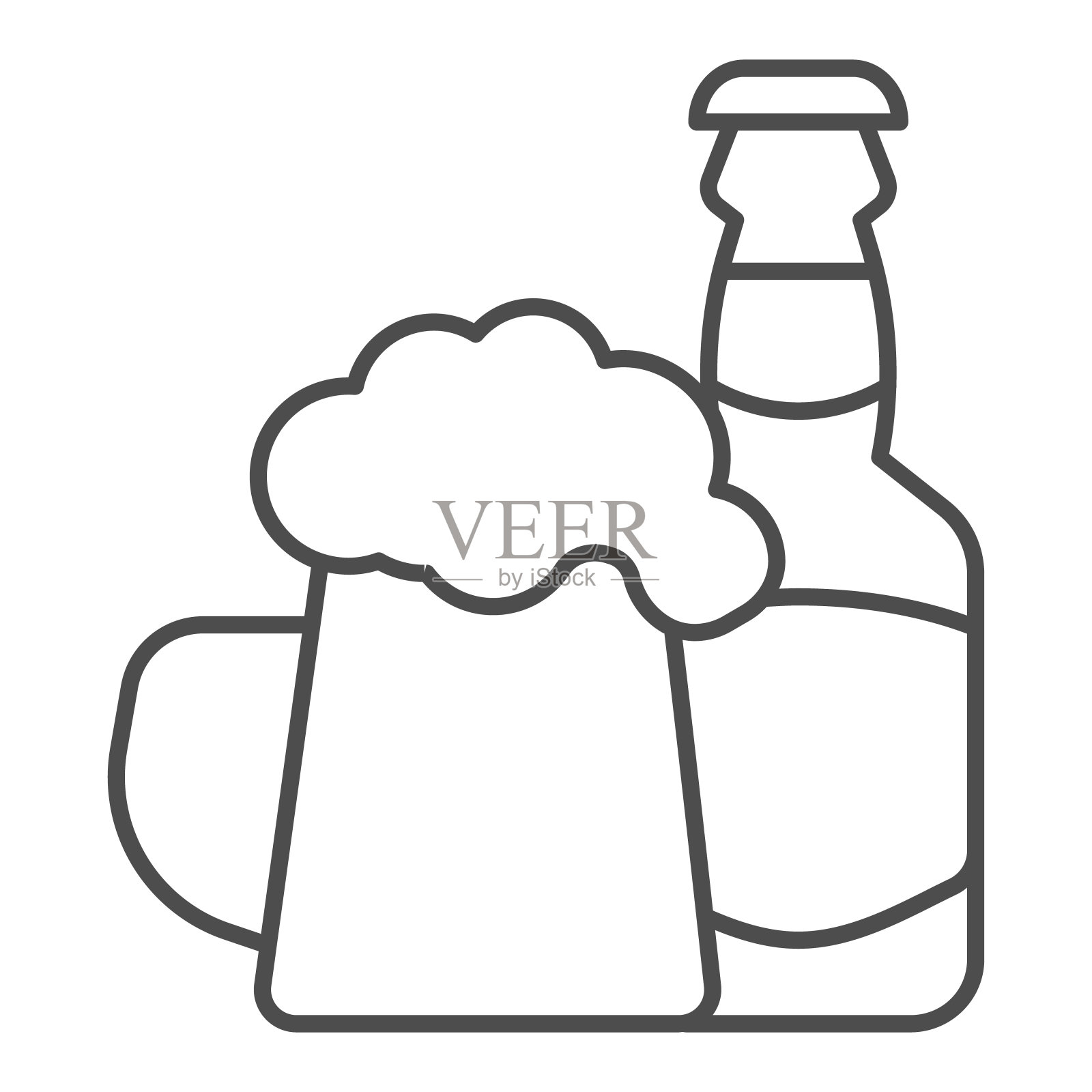 玻璃瓶和啤酒杯细线图标，精酿啤酒概念，酒精饮料标志在白色背景，啤酒瓶与玻璃图标轮廓风格的移动概念，网页设计。矢量图形。图标素材