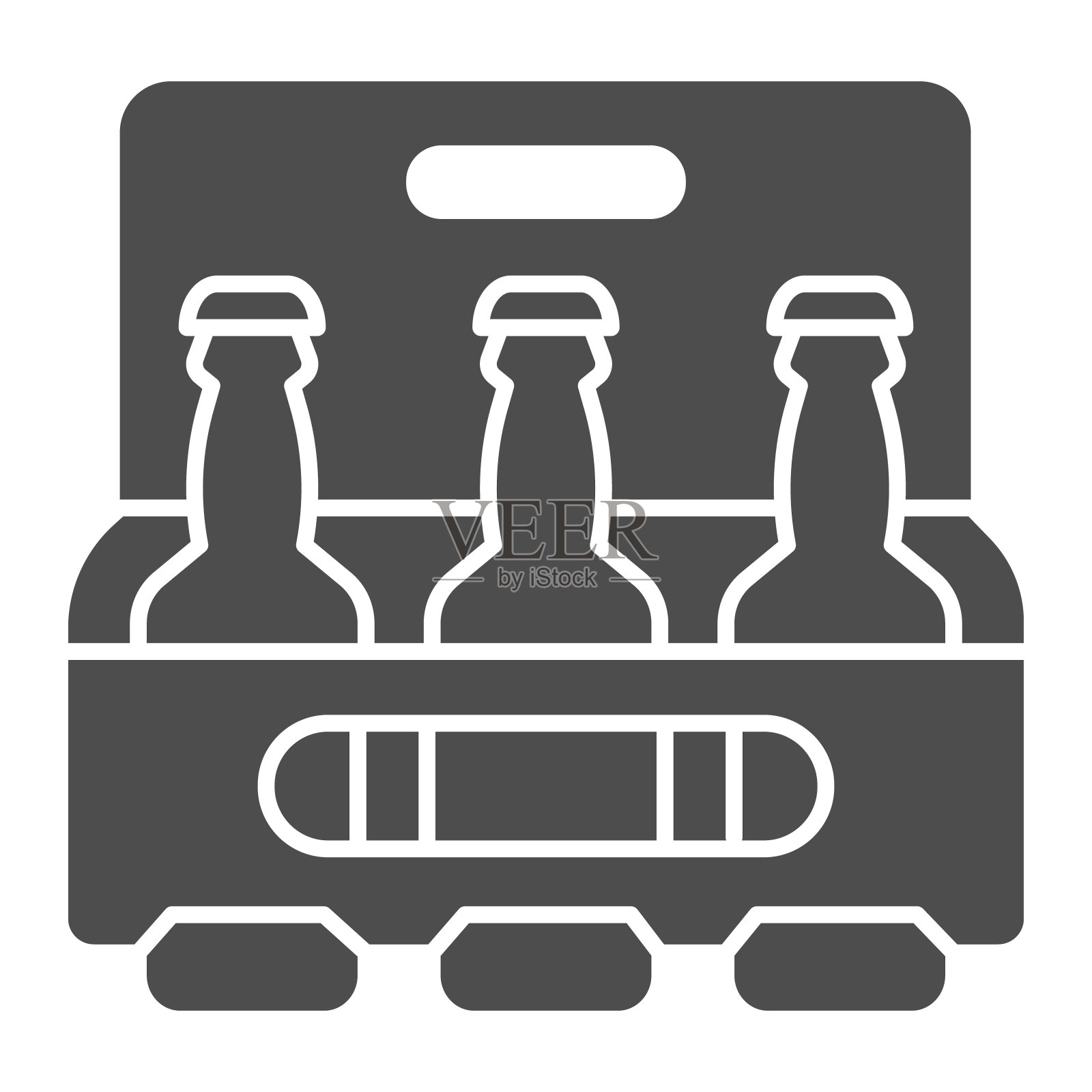 啤酒固体图标盒，饮料概念，啤酒与三瓶标志在白色背景，包装瓶图标在字形风格的移动概念，网页设计。矢量图形。图标素材