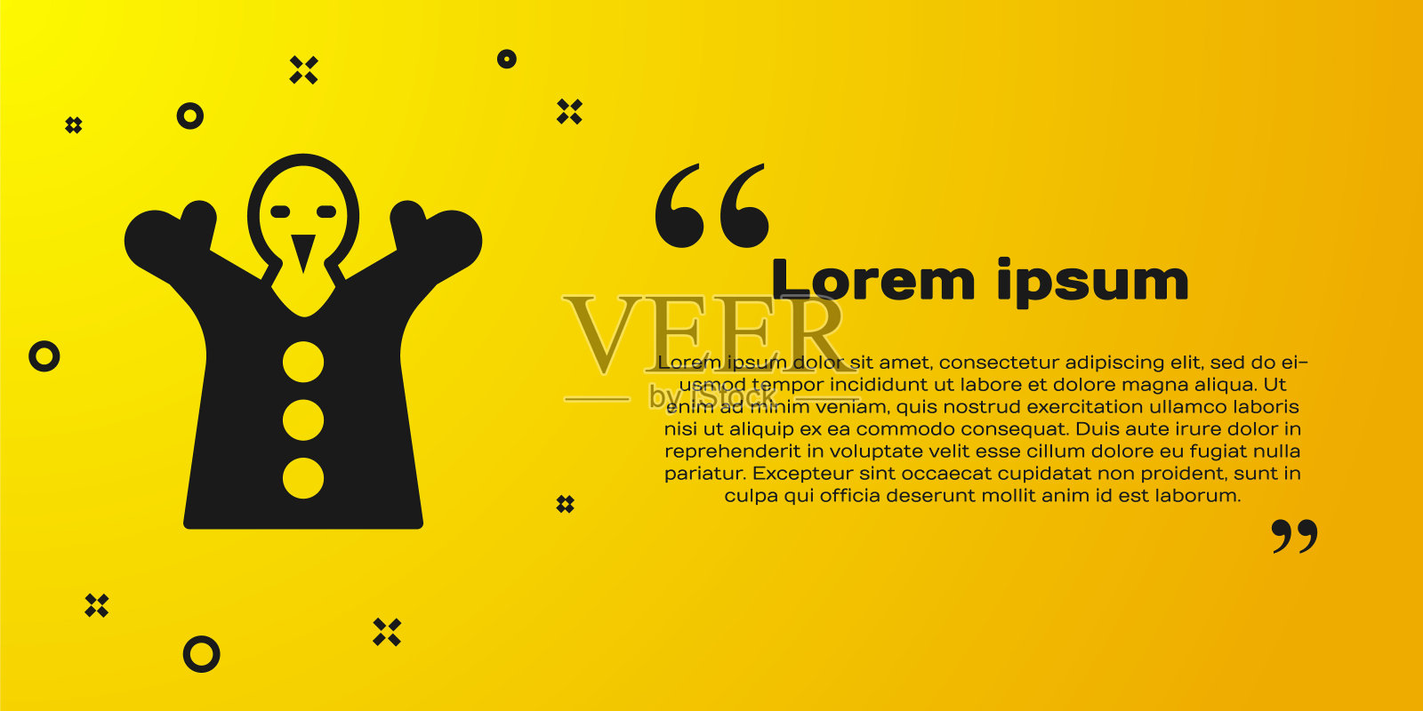 黑色玩具木偶娃娃手上图标孤立在黄色背景。向量插画图片素材