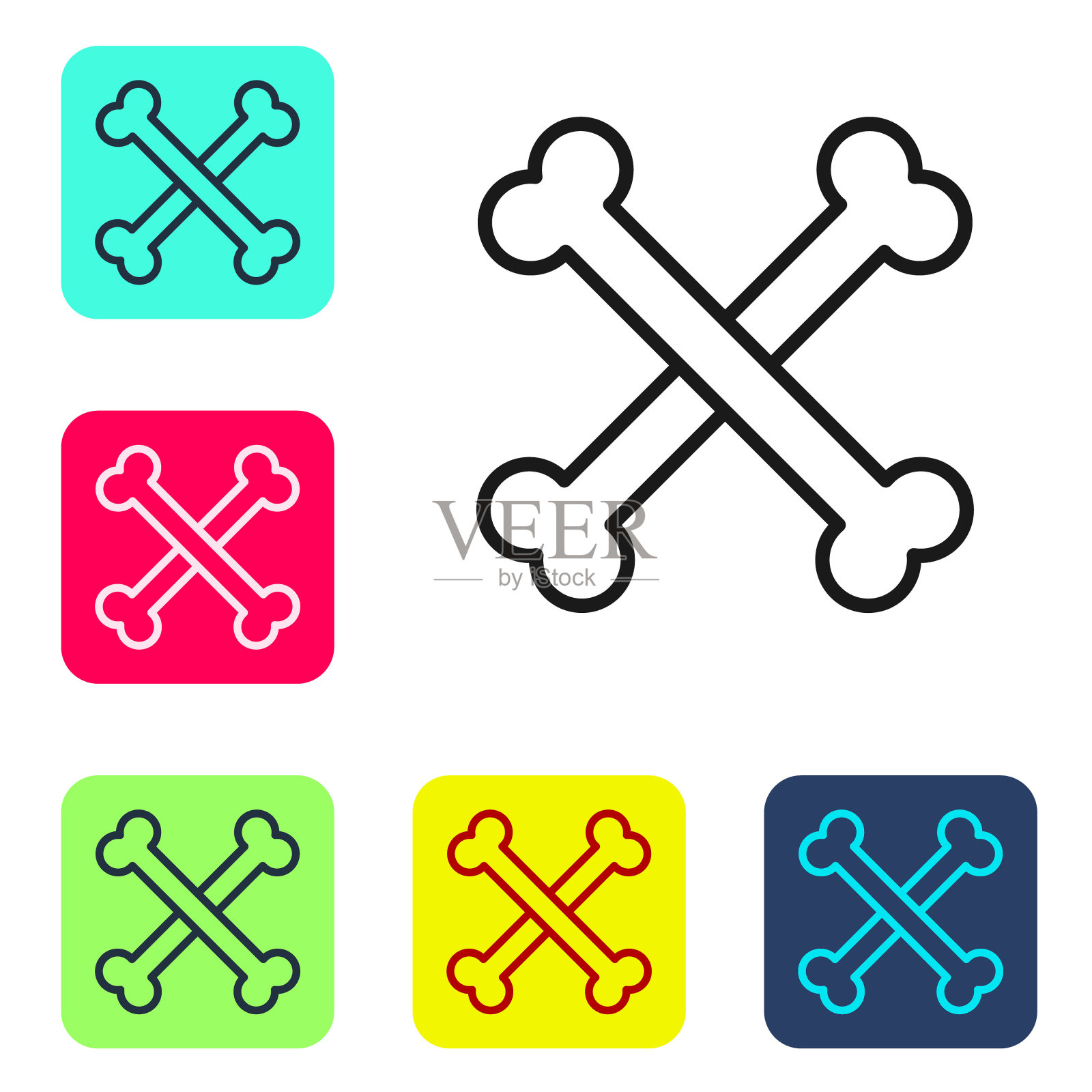 黑线交叉的人类骨骼图标孤立在白色背景上。设置图标的颜色方形按钮。向量图标素材