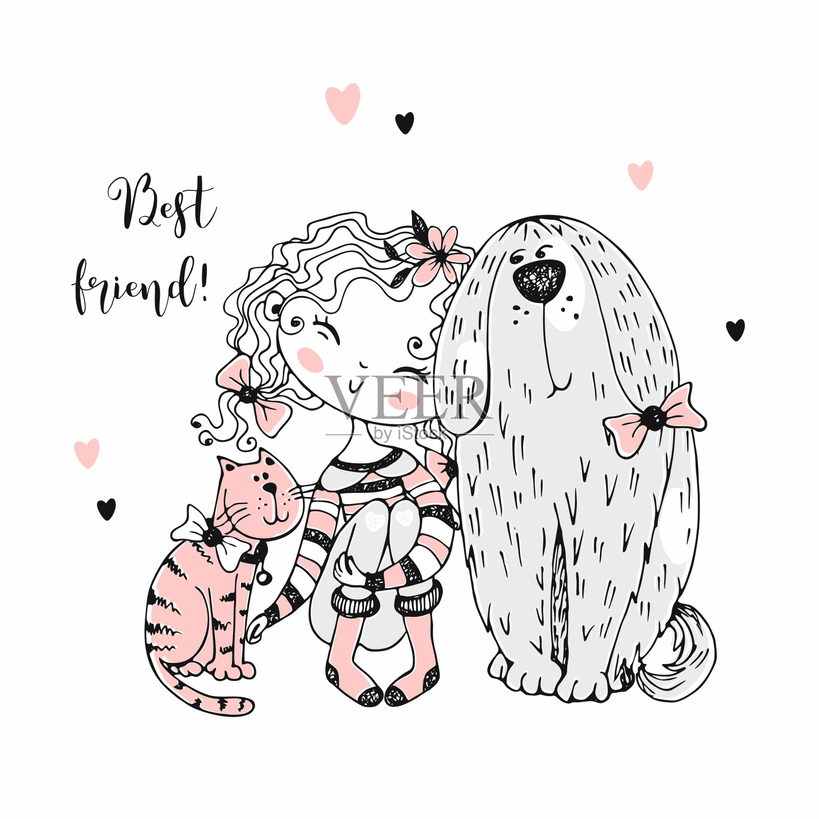 有一只猫和一只狗的可爱女孩。我的朋友。向量插画图片素材