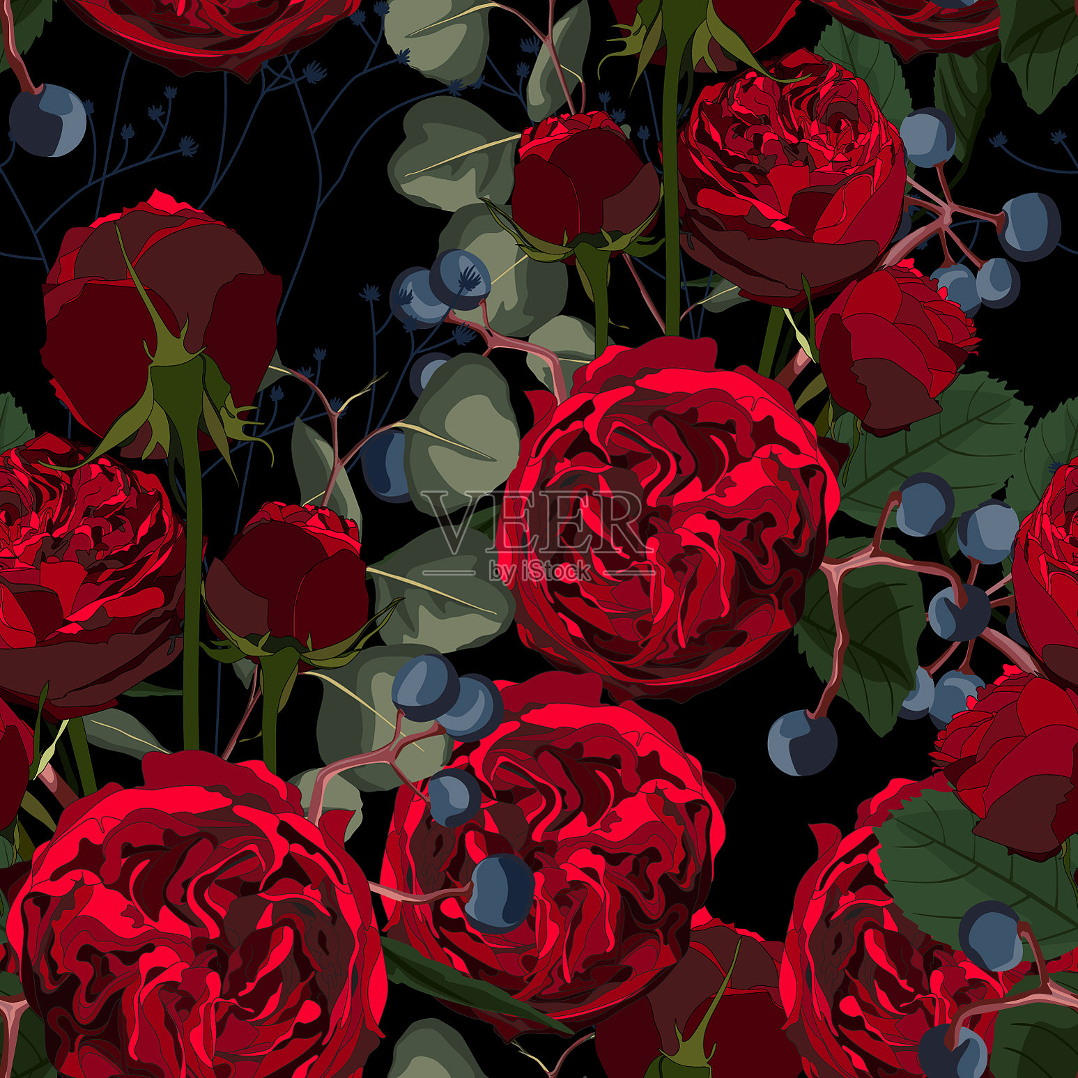 无缝图案与红玫瑰的叶子插画图片素材