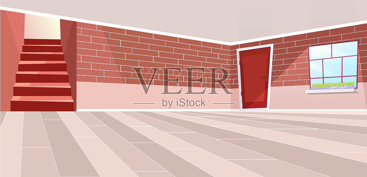 空村舍大厅内部平坦卡通复古插画图片素材