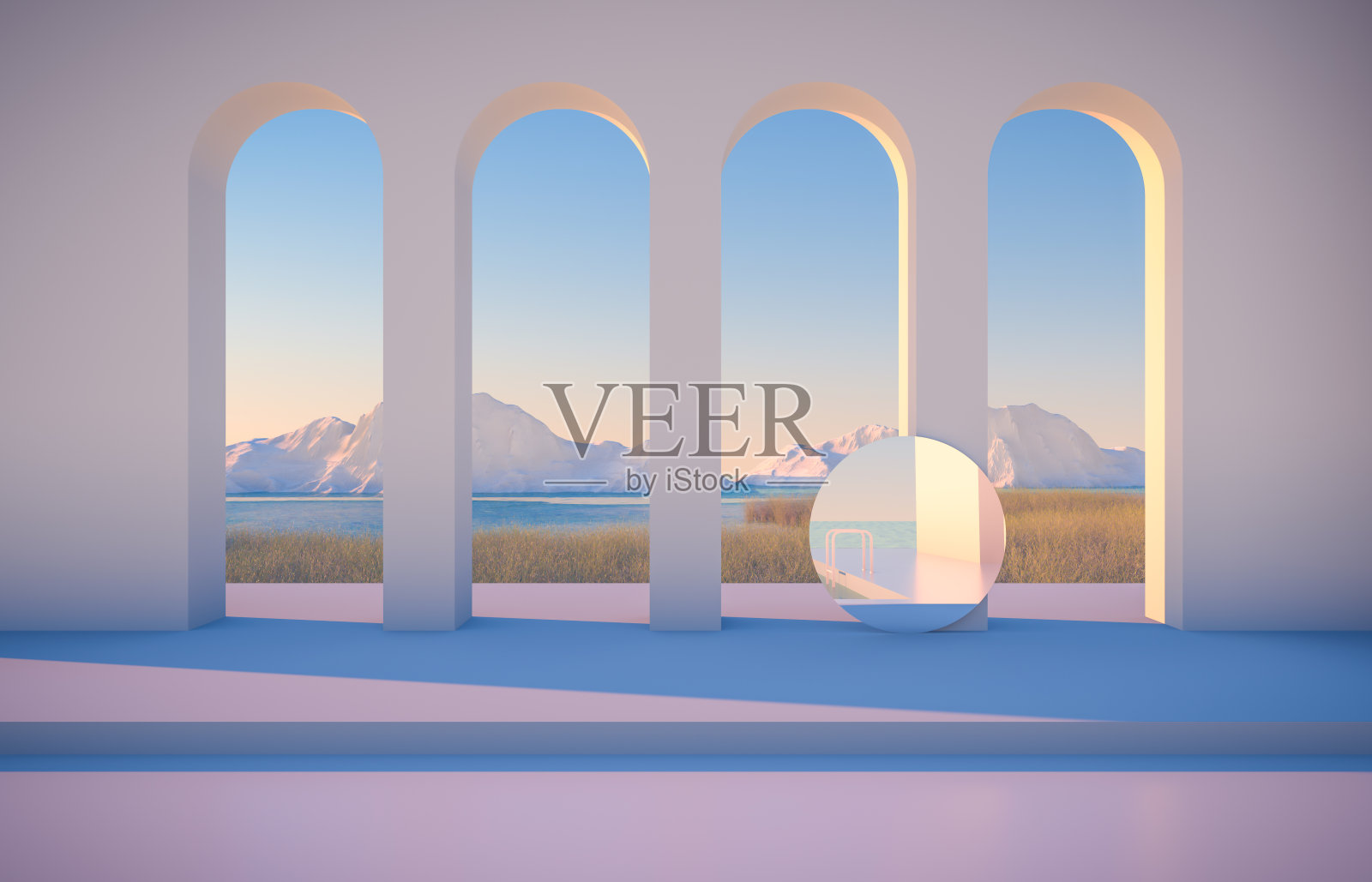 抽象的冬季场景与几何形式，拱形平台在湖景。插画图片素材