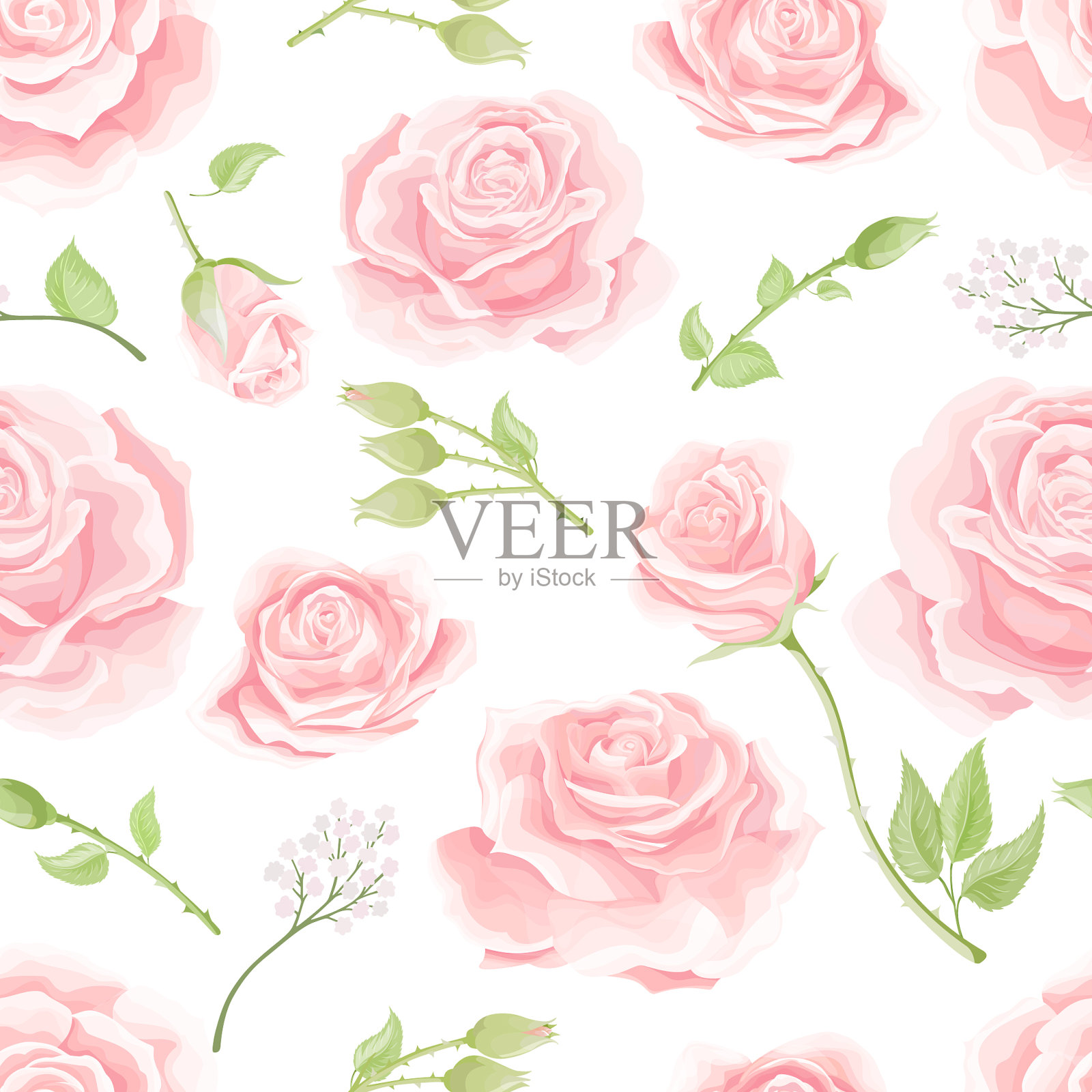 无缝模式与奶油粉色玫瑰葡萄酒插画图片素材