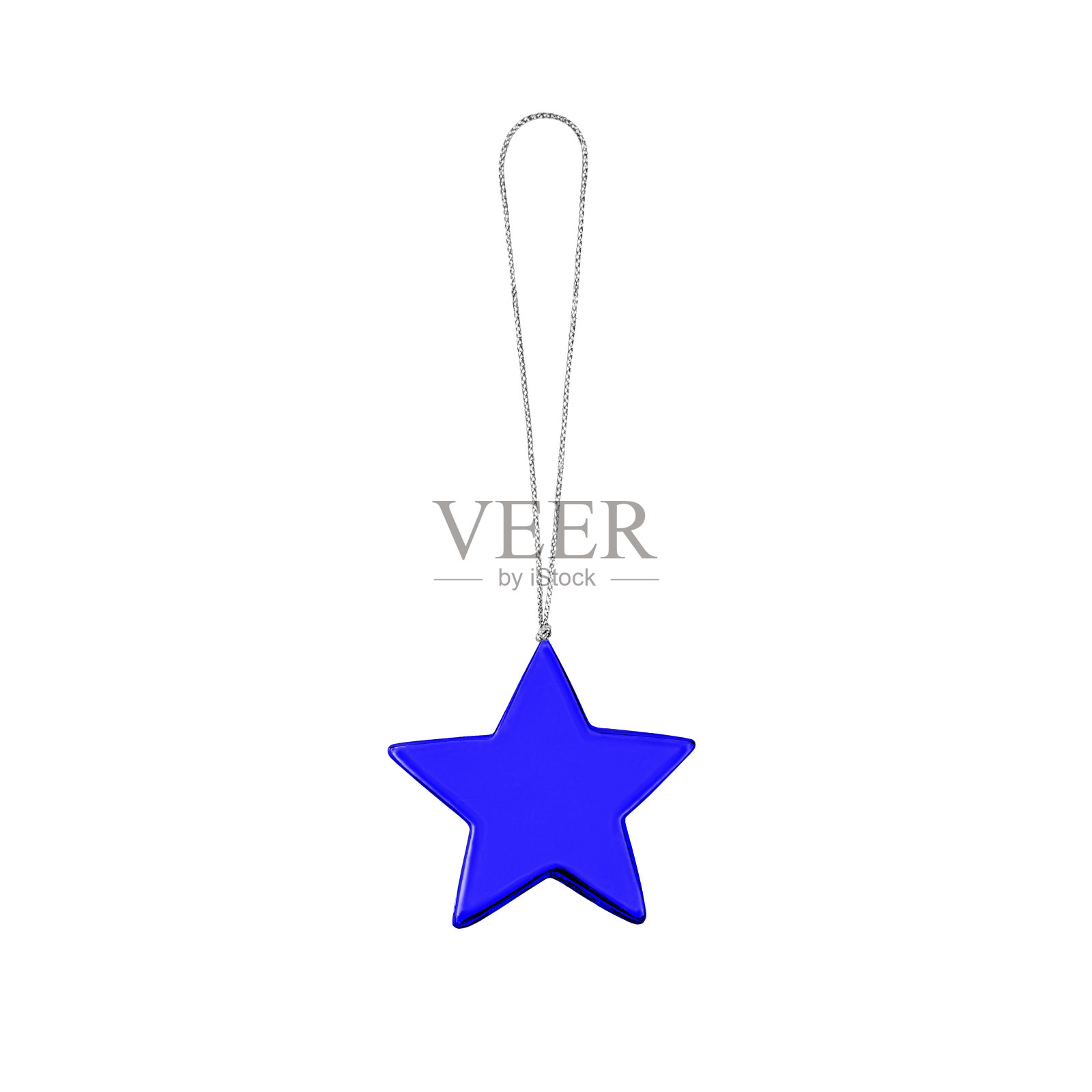 Blue star hanging on thread on white background isolated close up, Сhristmas tree decoration, colorful shiny star shaped bauble, traditional new year holiday decor design element, decorative xmas toy照片摄影图片