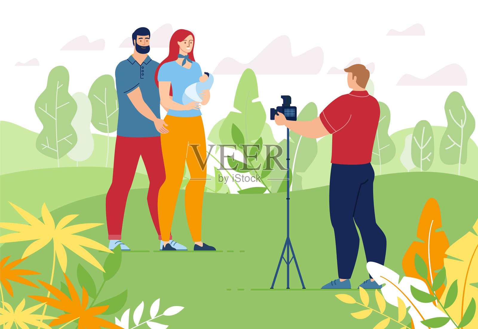 父母与新生儿贝恩手拍照会话插画图片素材