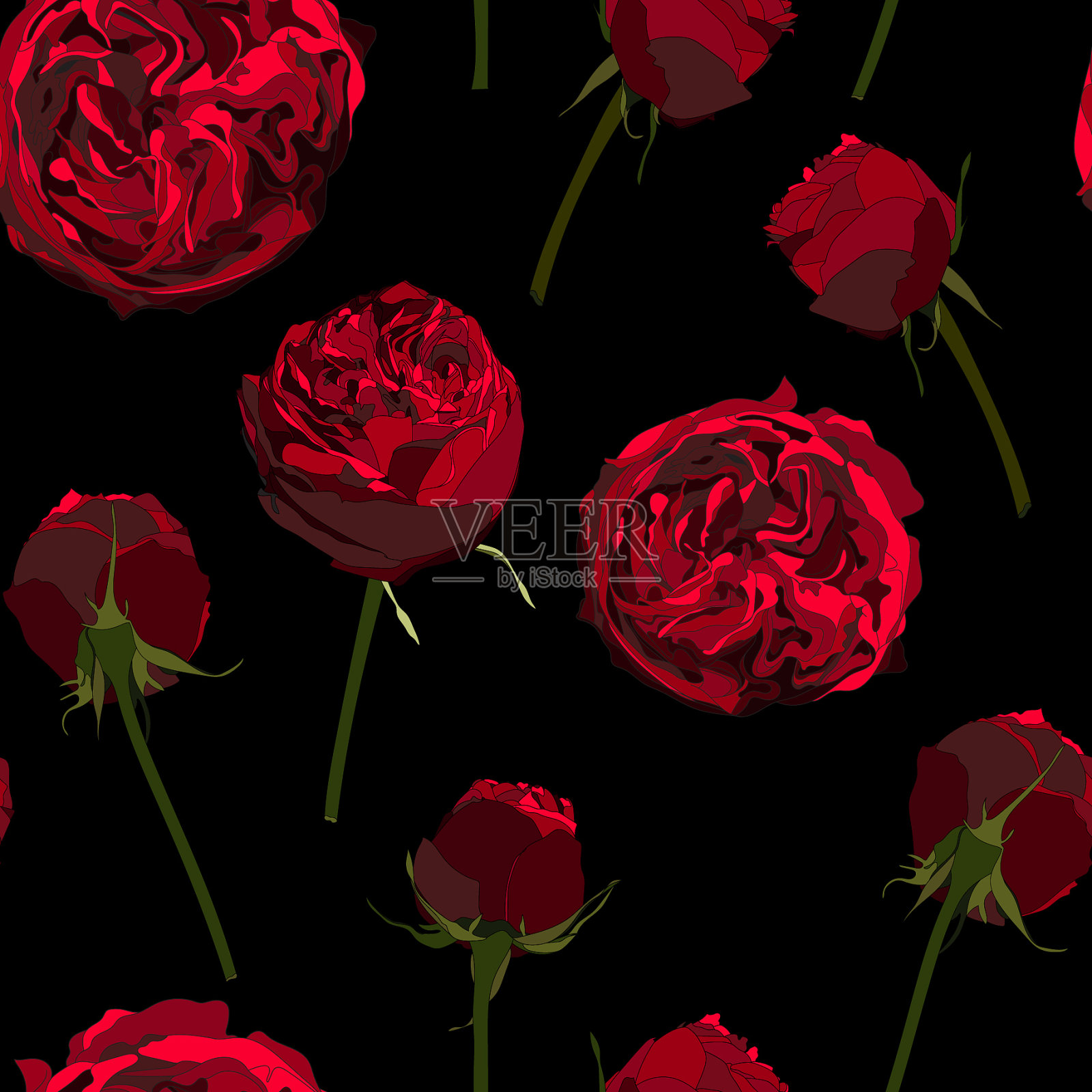 红白玫瑰花朵无缝图案插画图片素材