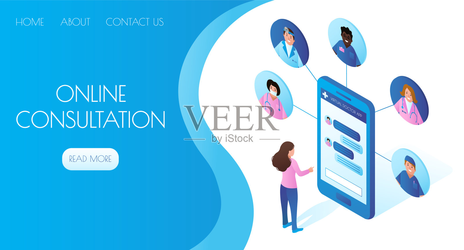 一个女孩坐在智能手机前，屏幕上等距显示着“在线医生”应用程序。远程医疗咨询和虚拟医学的概念。矢量插图。插画图片素材