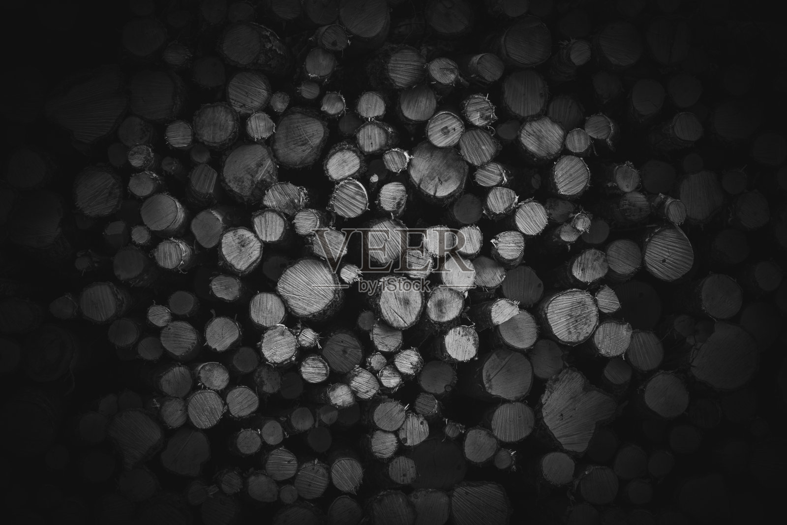 抽象黑白照片，堆放在木材工厂的原木照片摄影图片