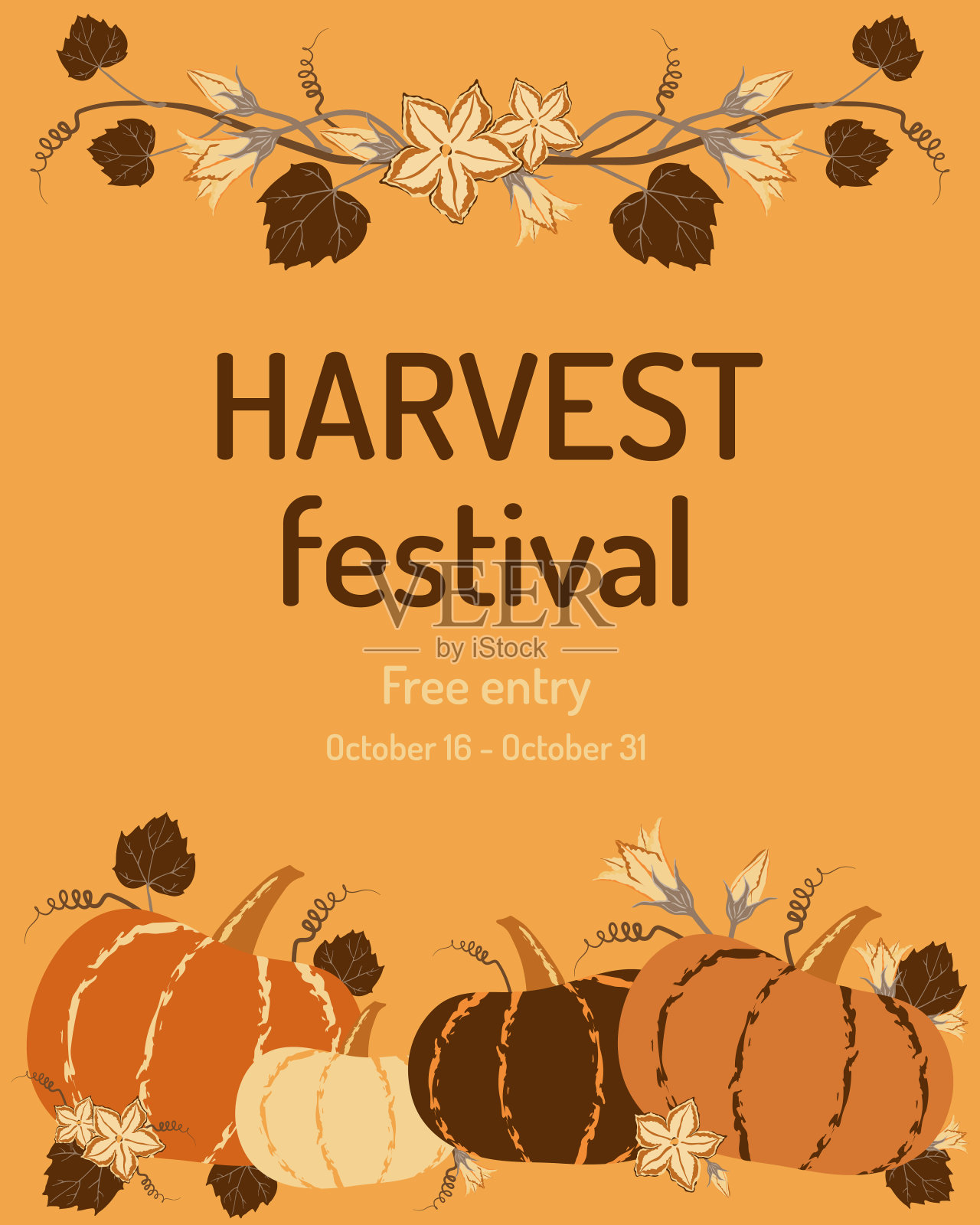丰收节邀请横幅。带有南瓜和花卉元素的复古秋季海报设计模板素材