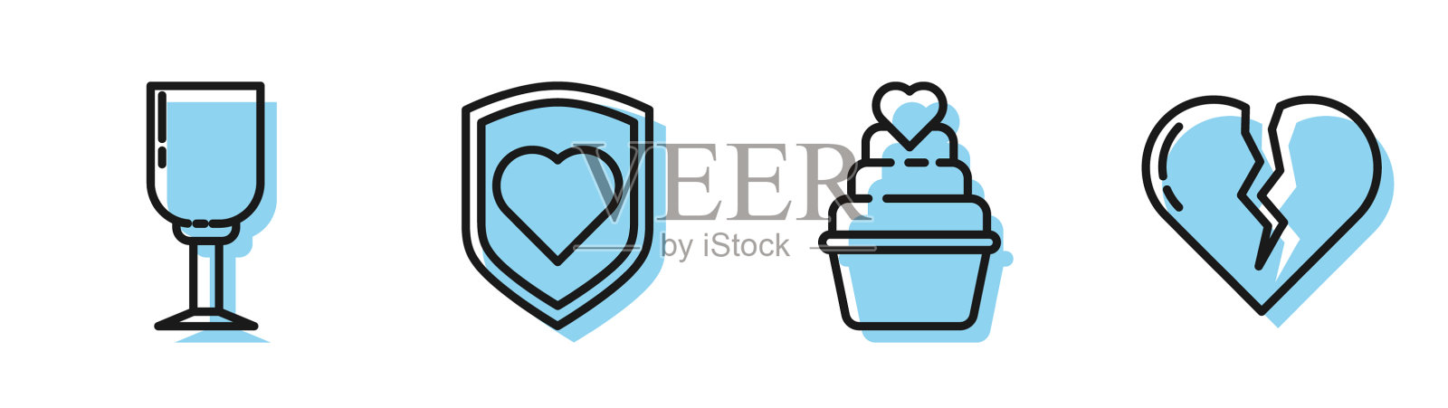 设线婚礼蛋糕与心形酒杯图标素材