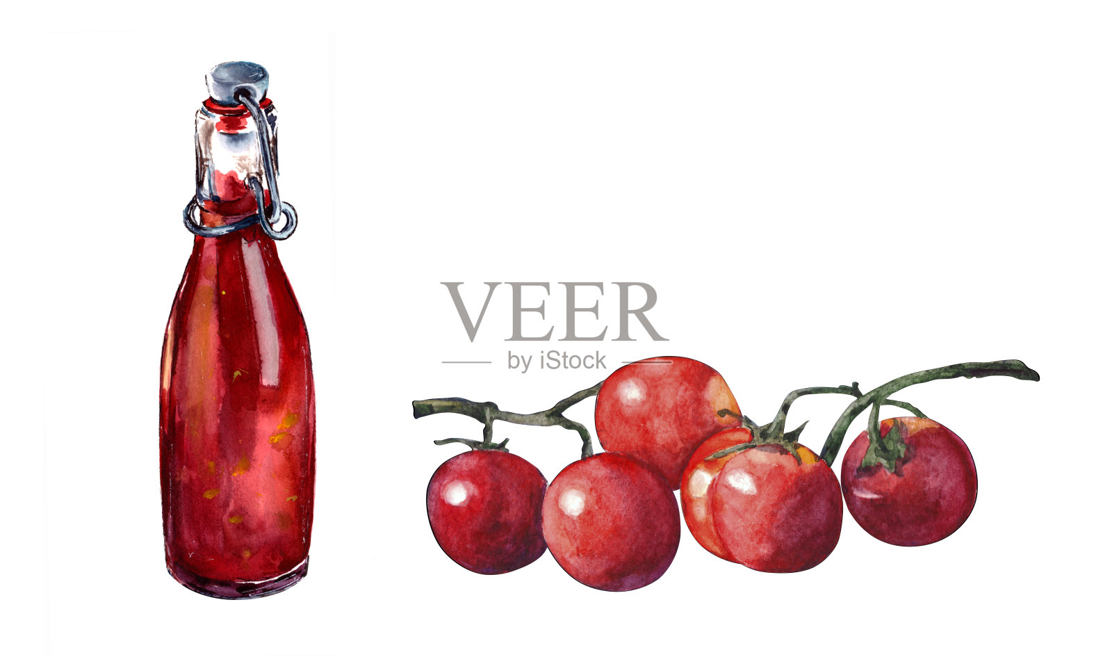 水彩画。新鲜素食概念。蕃茄酱在玻璃瓶和一个成熟的红色西红柿在白色的背景。孤立。插画图片素材