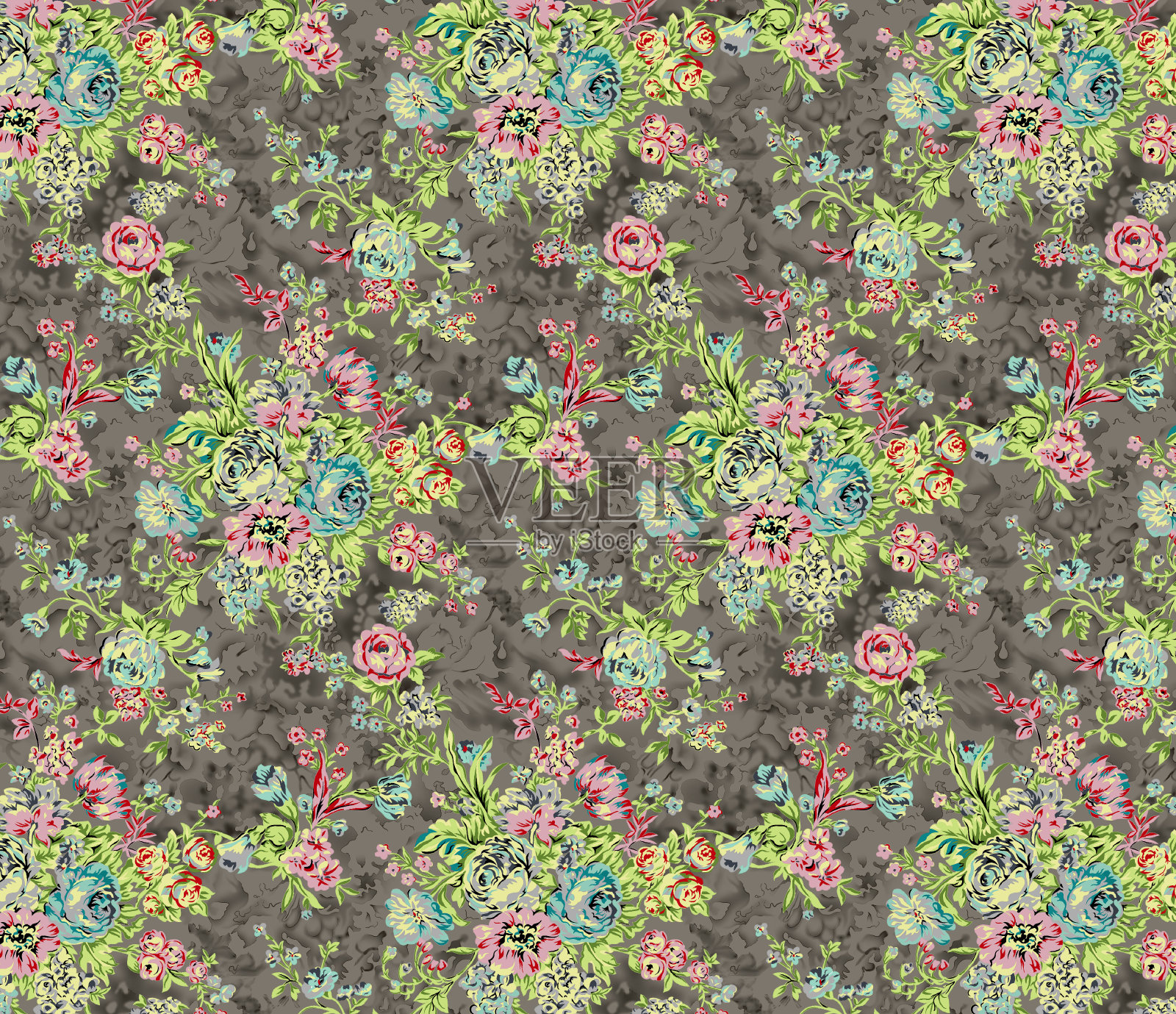 优雅时尚的春季花卉无缝图案与点和线艺术。插画图片素材