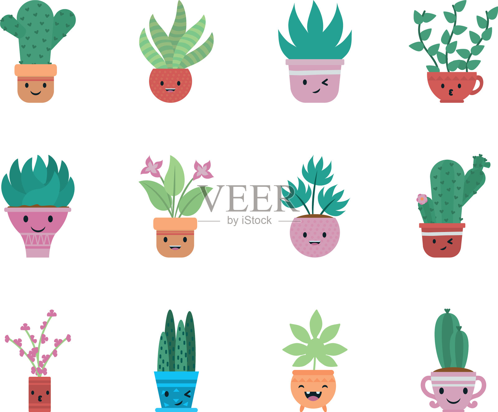 卡哇伊植物内盆栽平面风格的图标插画图片素材