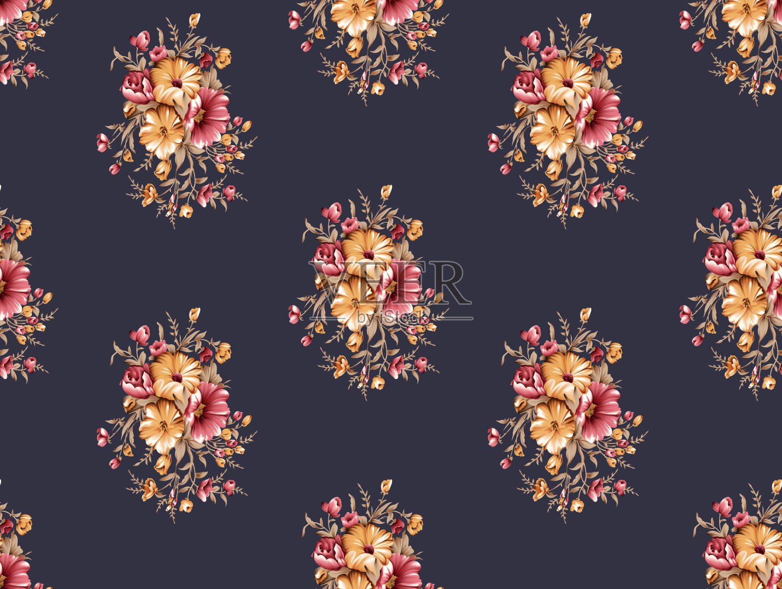 优雅时尚的春季花卉无缝图案与点和线艺术。插画图片素材