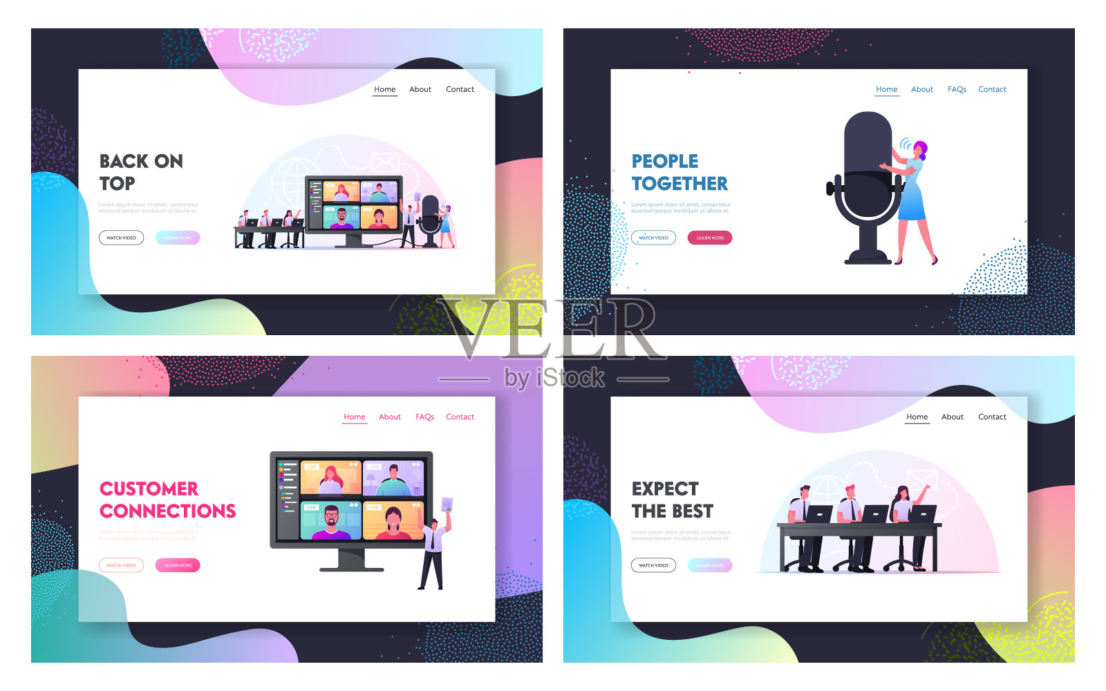 网络摄像头会议登录页面模板集。在网上简报中与远程同事视频通话设计模板素材