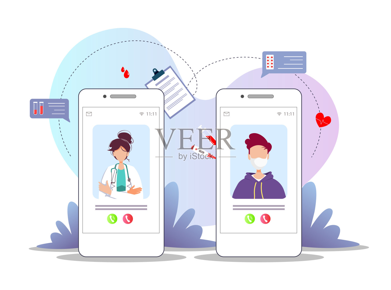 屏幕上有医生和病人的电话。医疗咨询、在线医生、远程医疗、医疗诊所和保健理念。插画图片素材