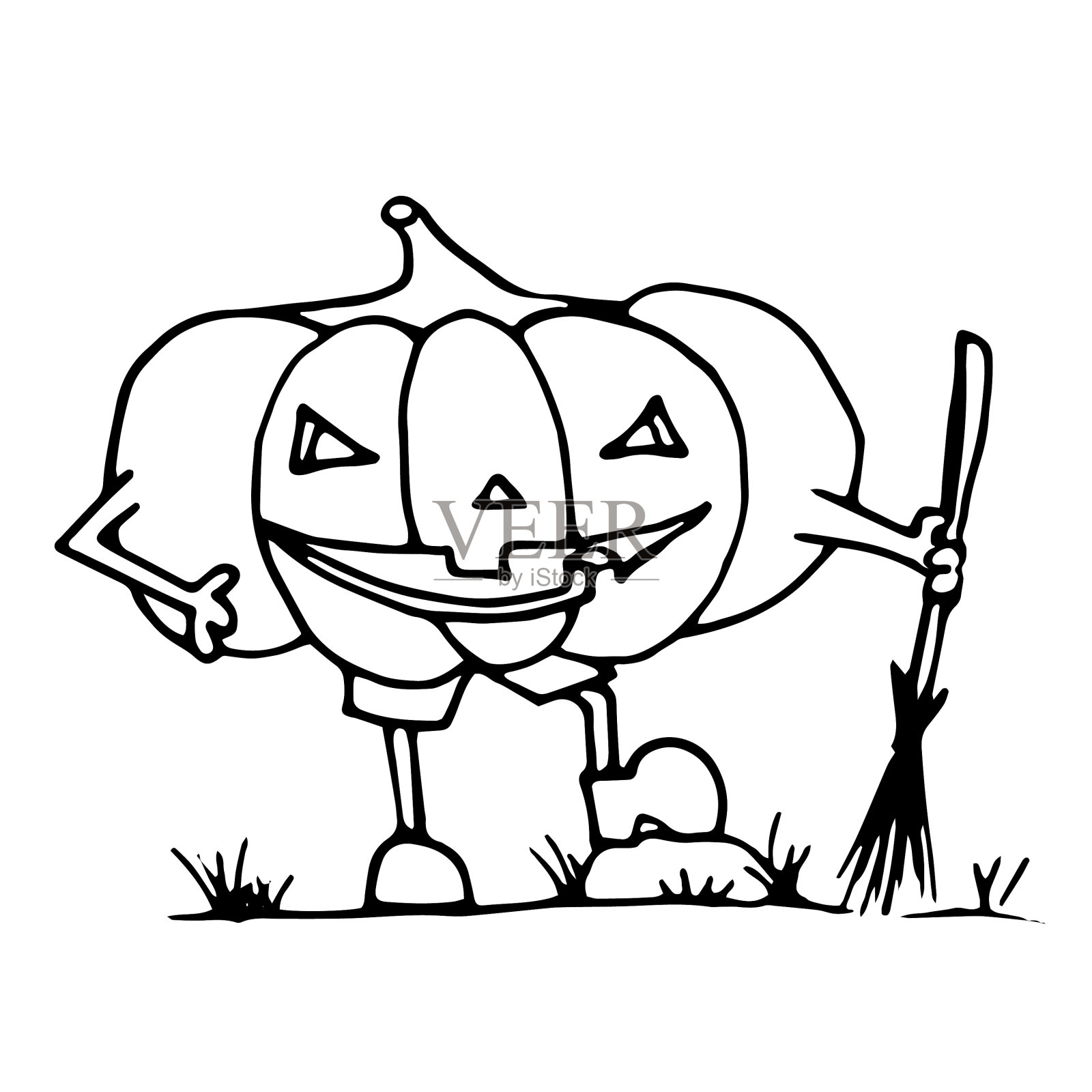 矢量万圣节南瓜角色。可爱的手绘南瓜扫帚。不给糖就捣乱的插图。设计元素图片