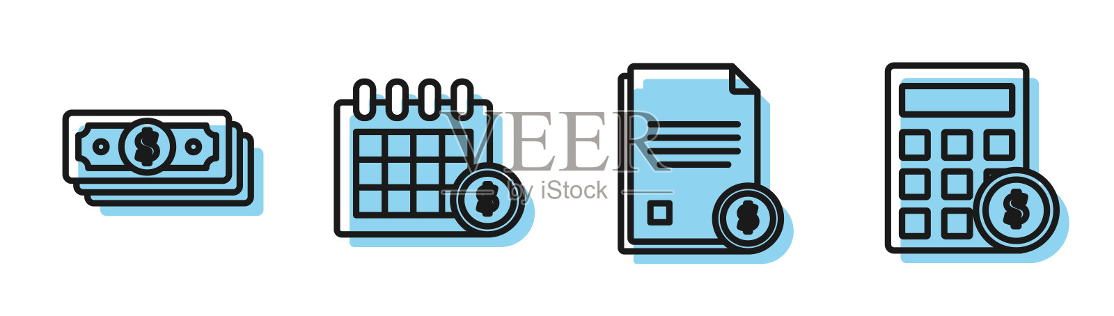 设置行财务文件，堆栈纸币现金，财务日历和计算器与美元符号图标。向量插画图片素材