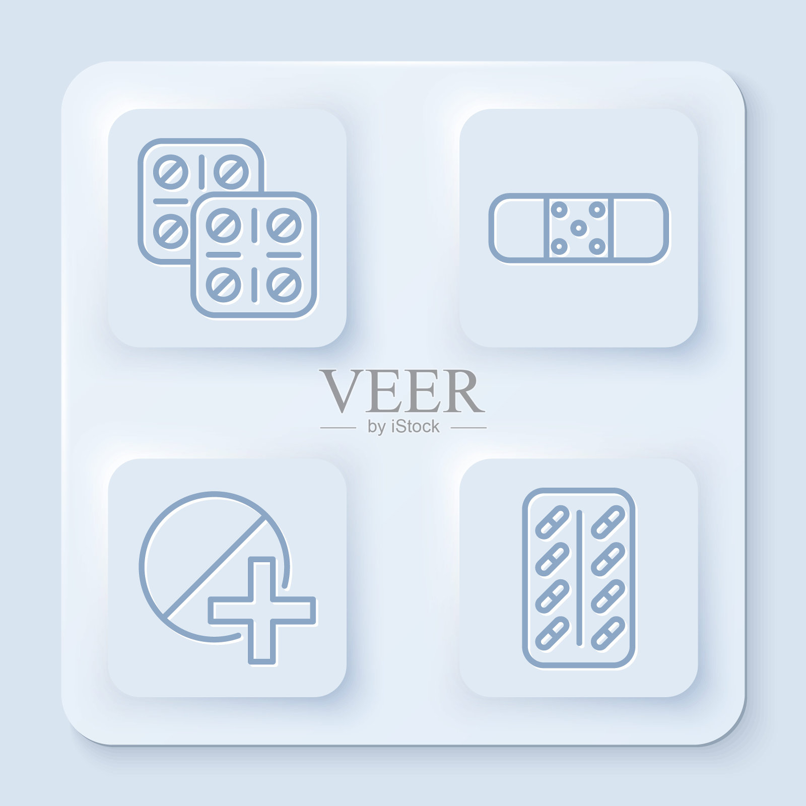 吸塑包装药丸，绷带，药丸或片剂，吸塑包装药丸。白色正方形按钮。向量插画图片素材