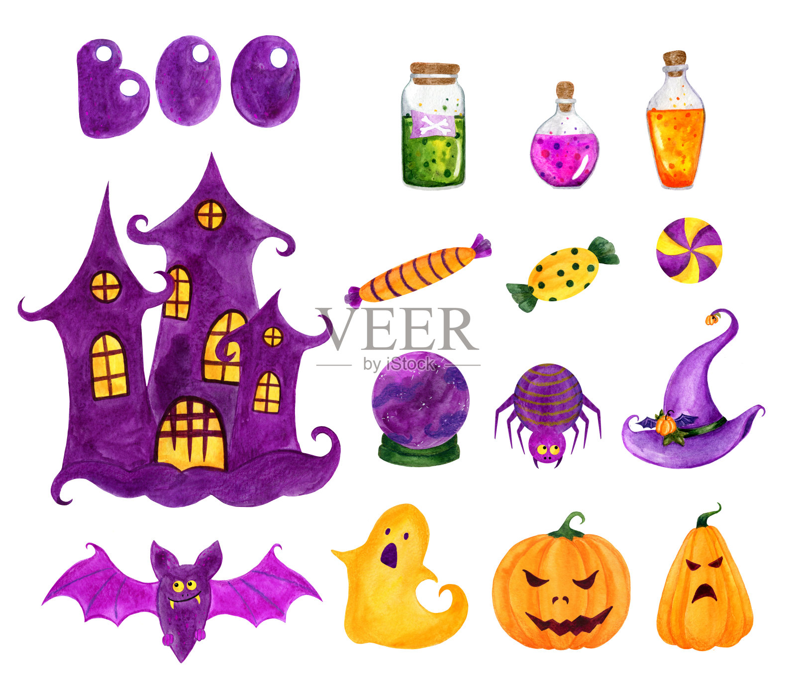 赛斯万圣节水彩画，有紫色、橙色和绿色。插画图片素材