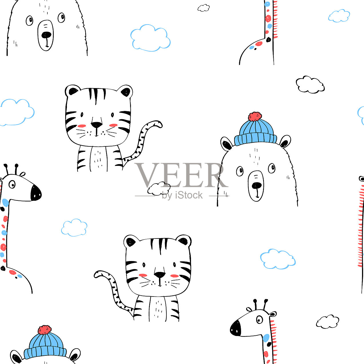 手绘熊、长颈鹿和老虎无缝图案插画图片素材