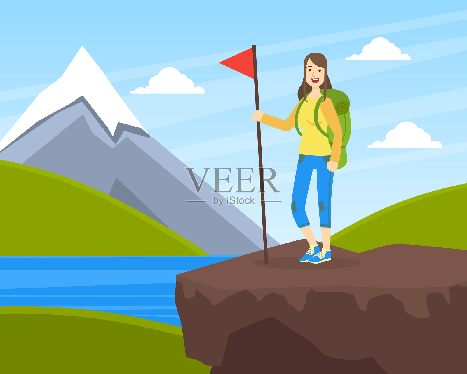 年轻女子拿着背包站在上面插画图片素材