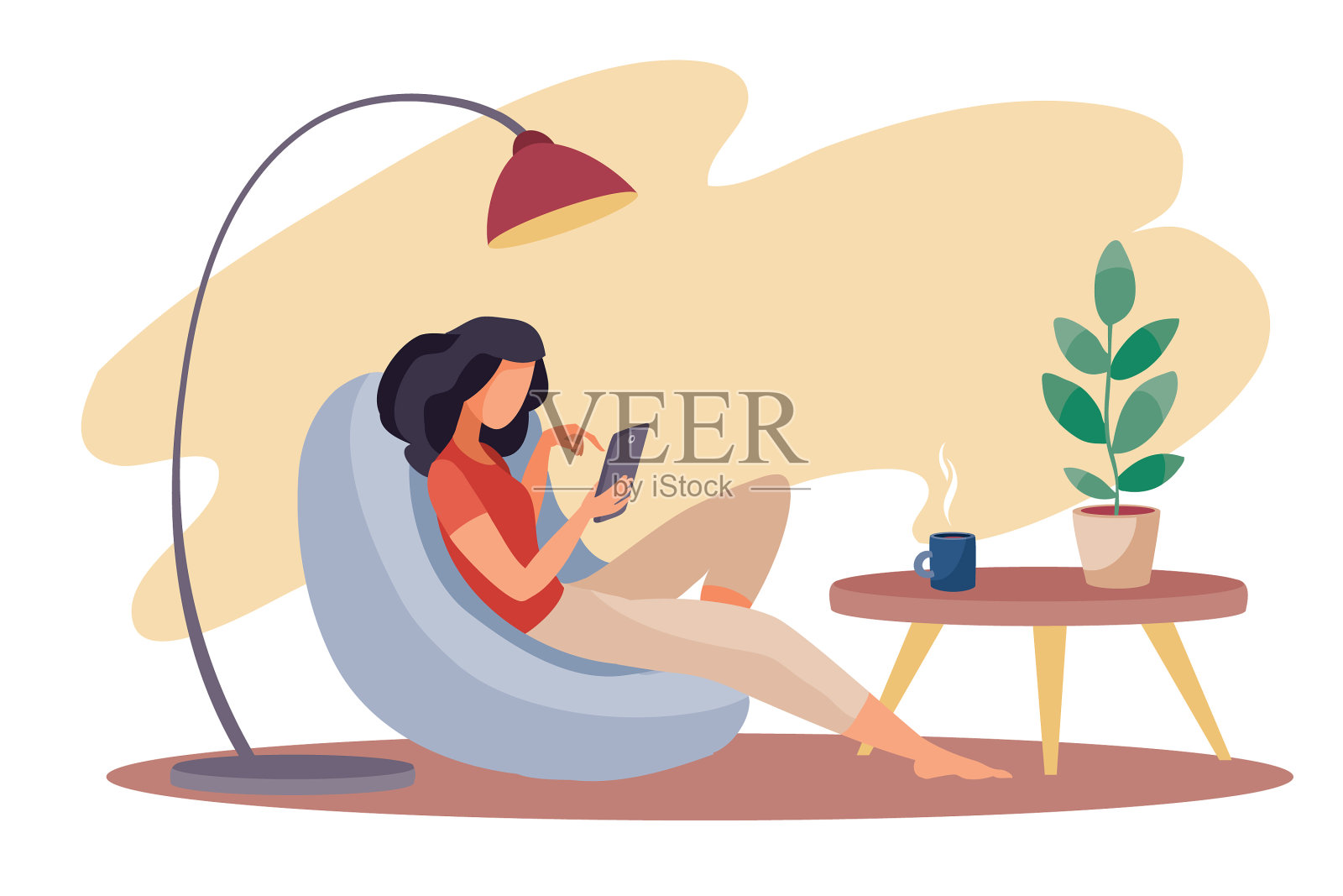 女孩舒服地坐在扶手椅上工作设计元素图片