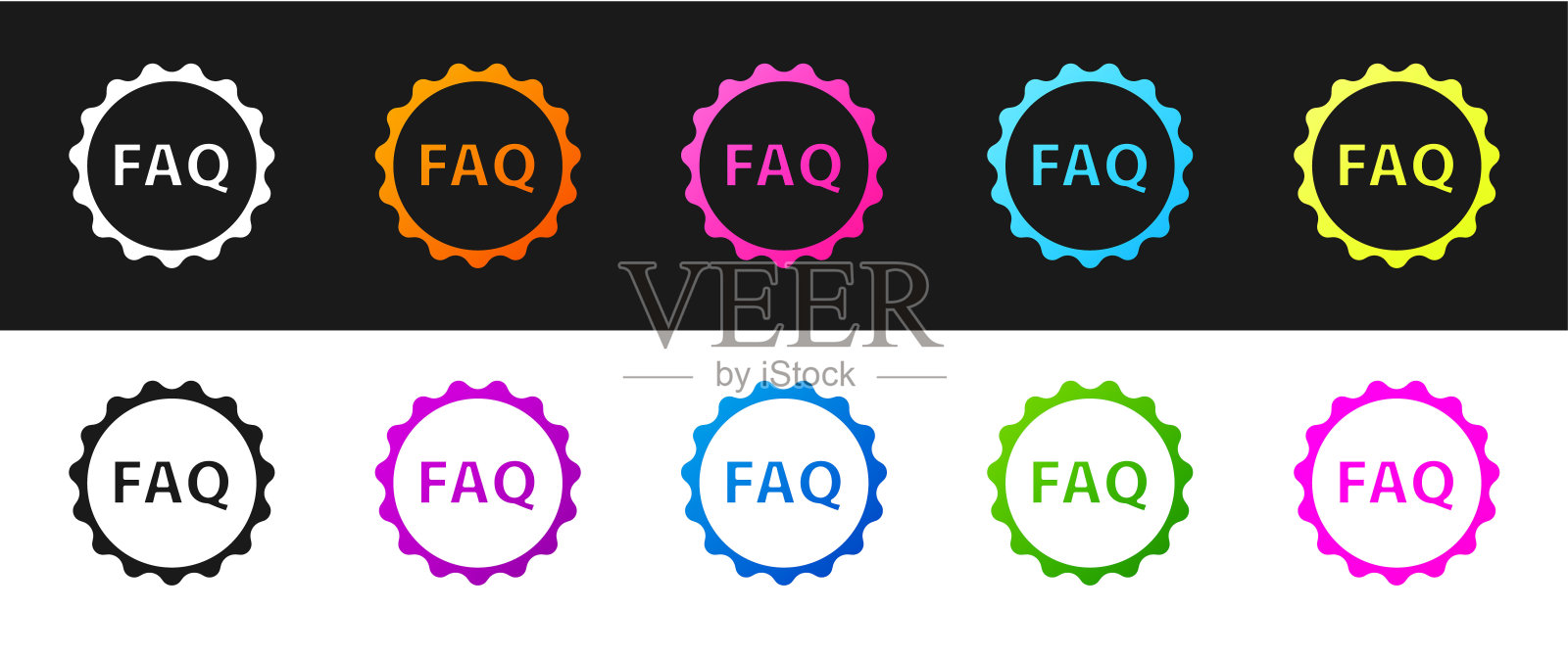 设置标签与文本FAQ信息图标隔离在黑白背景。圆形按钮与文本FAQ。矢量图插画图片素材