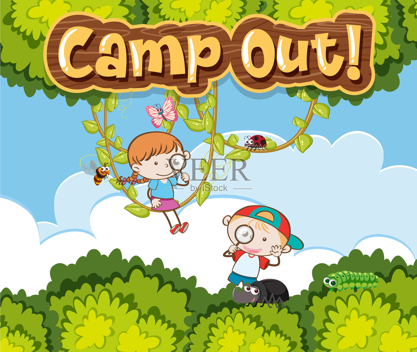 字体设计字营与孩子在插画图片素材