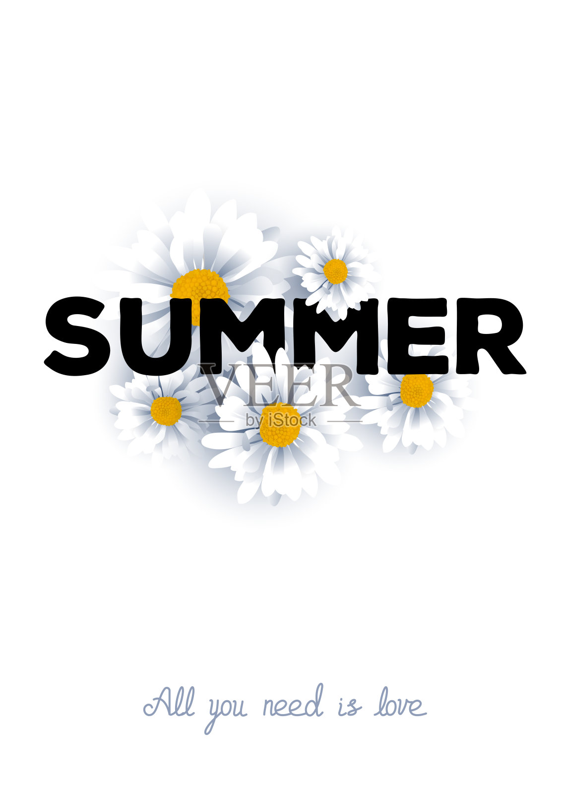 可爱的夏季花在白色的背景。矢量插图与许多美丽的花洋甘菊与文本。插画图片素材