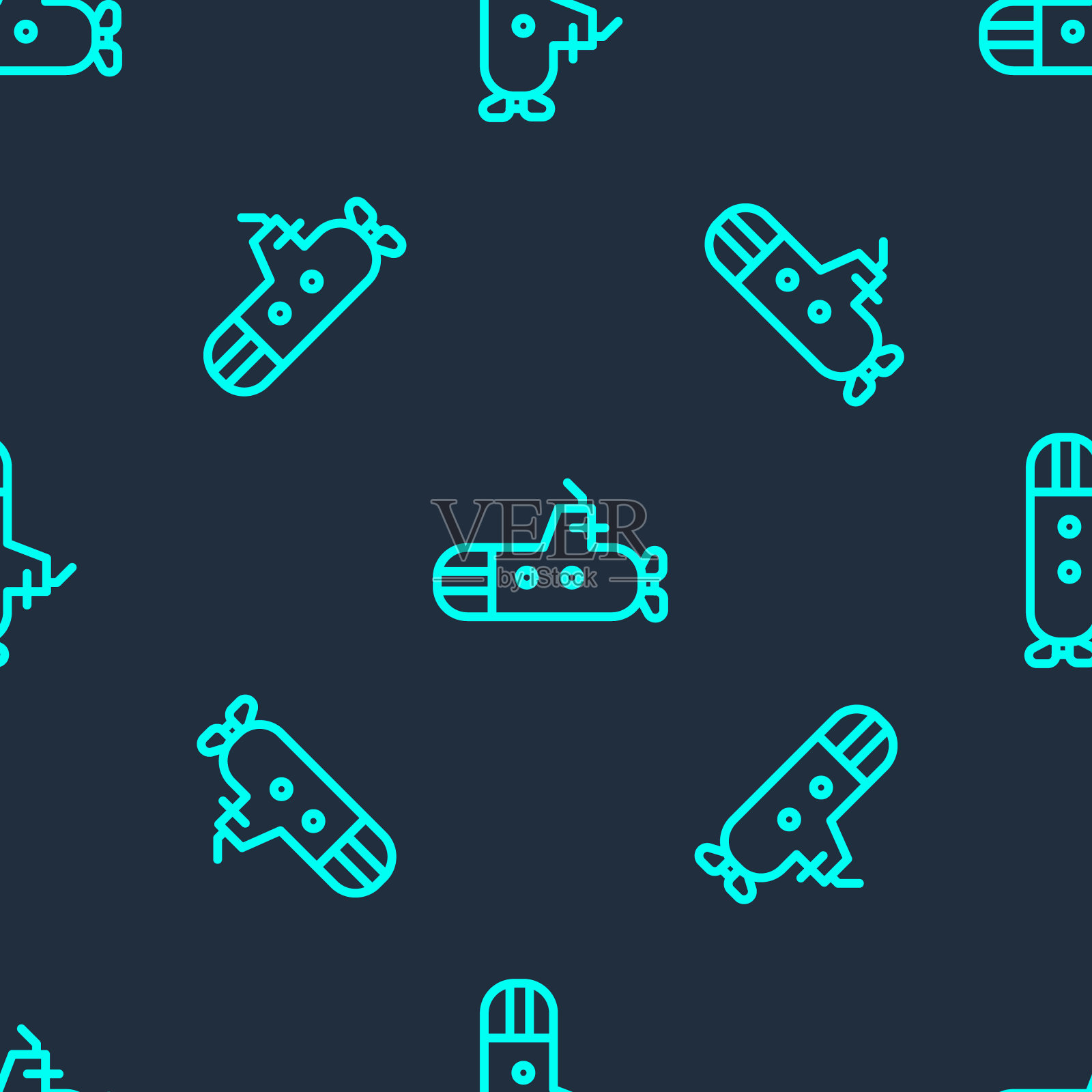 绿线潜艇图标隔离无缝模式在蓝色背景。军事船舶。向量插画图片素材