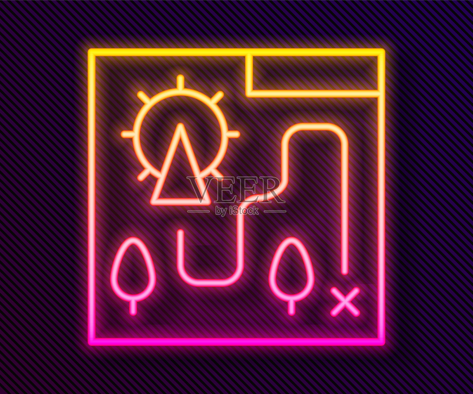 霓虹线游乐园地图图标孤立的黑色背景。娱乐度假。向量插画图片素材