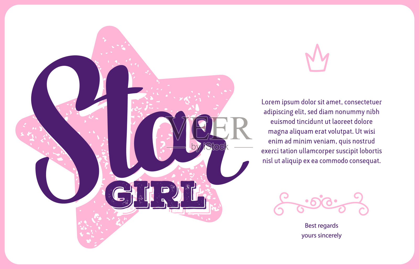 向量美丽的卡片模板与大粉红色星星和书法题字，文字在白色背景与框架。插画图片素材