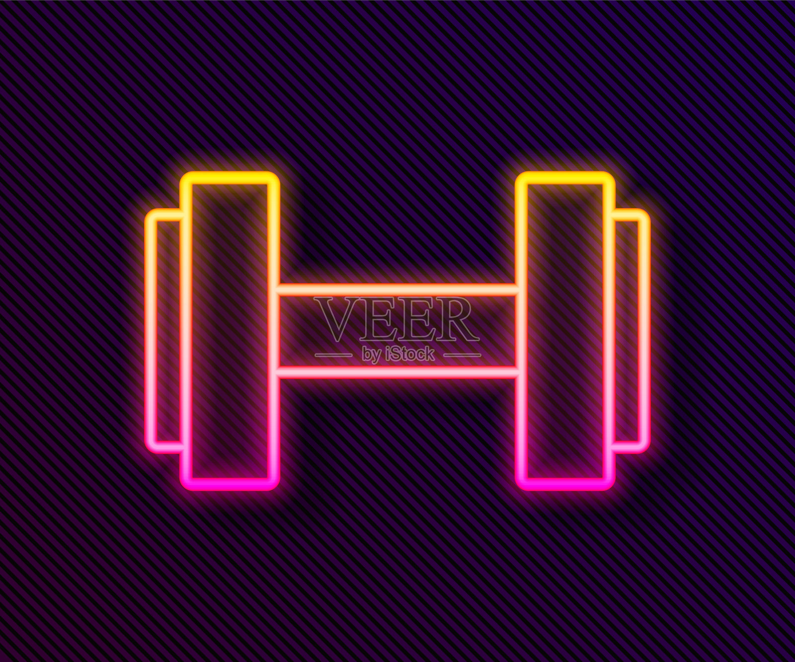 发光的霓虹灯线哑铃图标孤立在黑色背景。肌肉举重偶像，健身杠铃，健身房，运动器材，运动大哑铃。向量插画图片素材