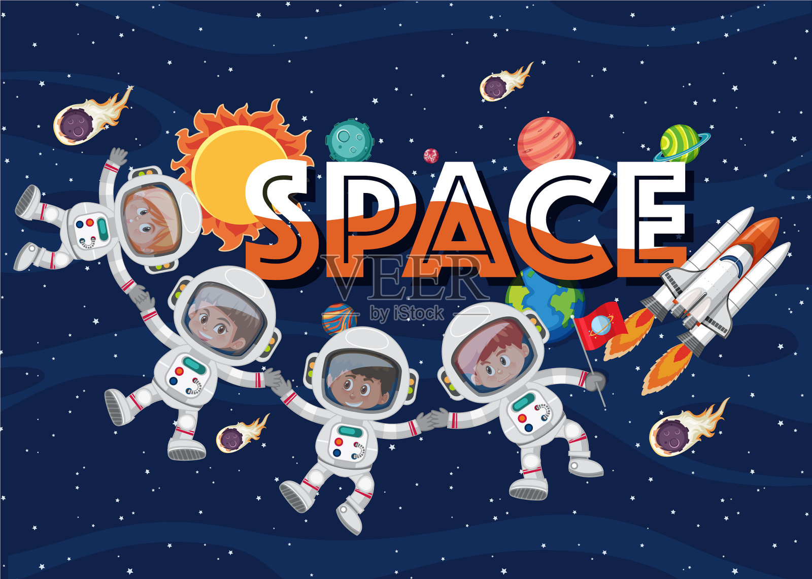 海报设计与宇航员和宇宙飞船插画图片素材