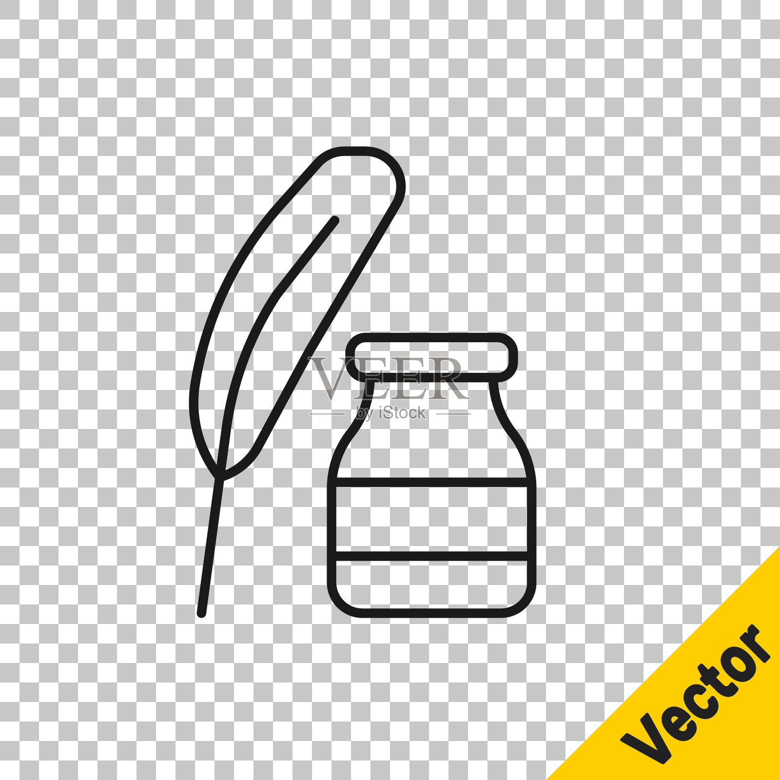 黑色线羽毛和墨水瓶图标孤立在透明的背景。向量插画图片素材