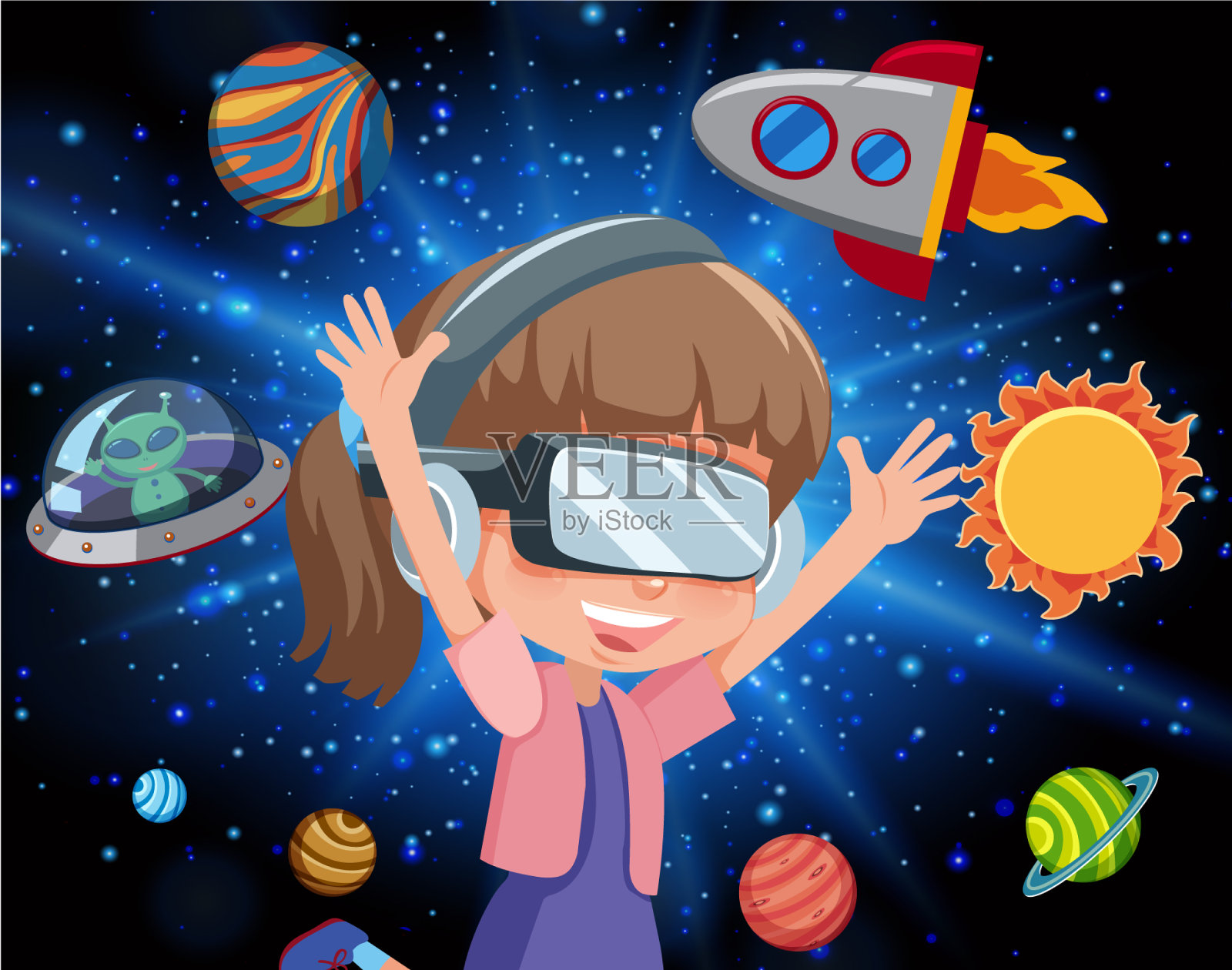 场景与快乐的女孩和飞船在飞行插画图片素材