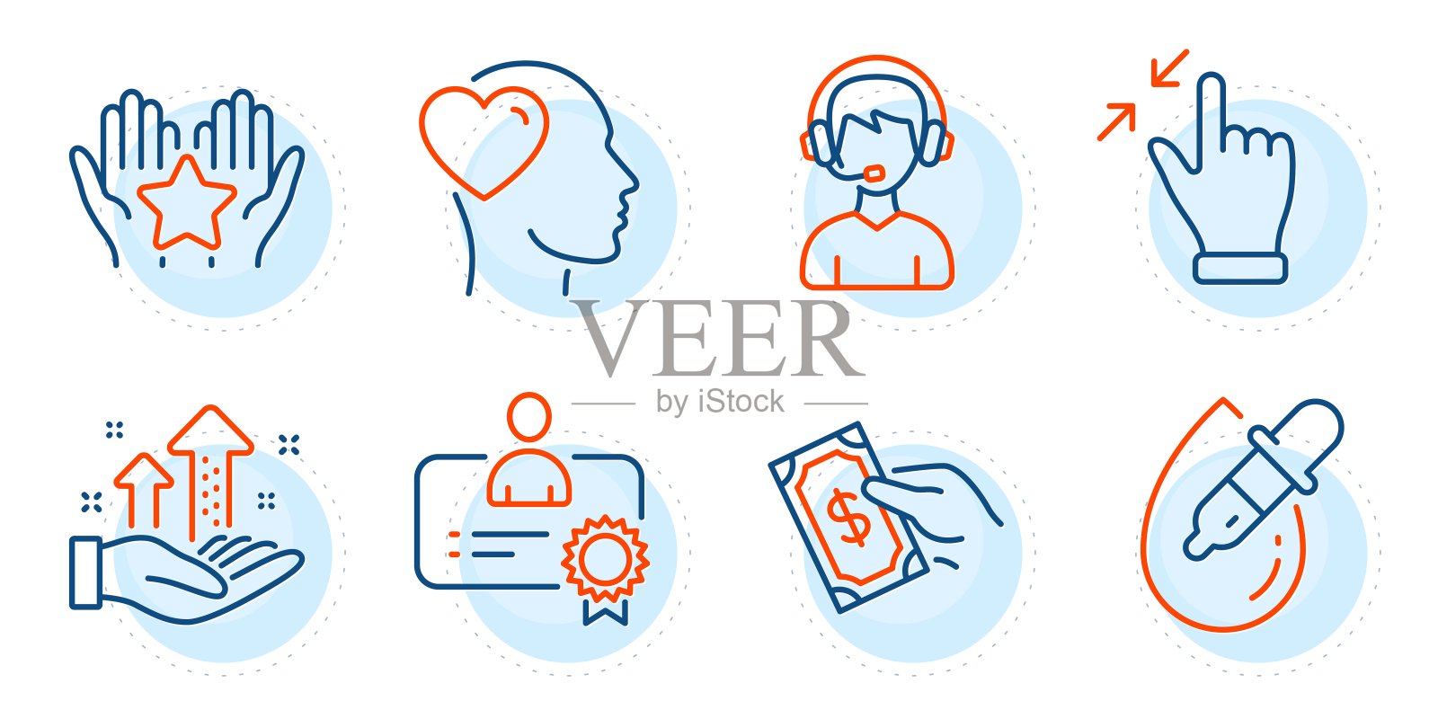 证书，触摸屏手势和朋友图标集。滴眼药水，付钱，分析图表。向量插画图片素材