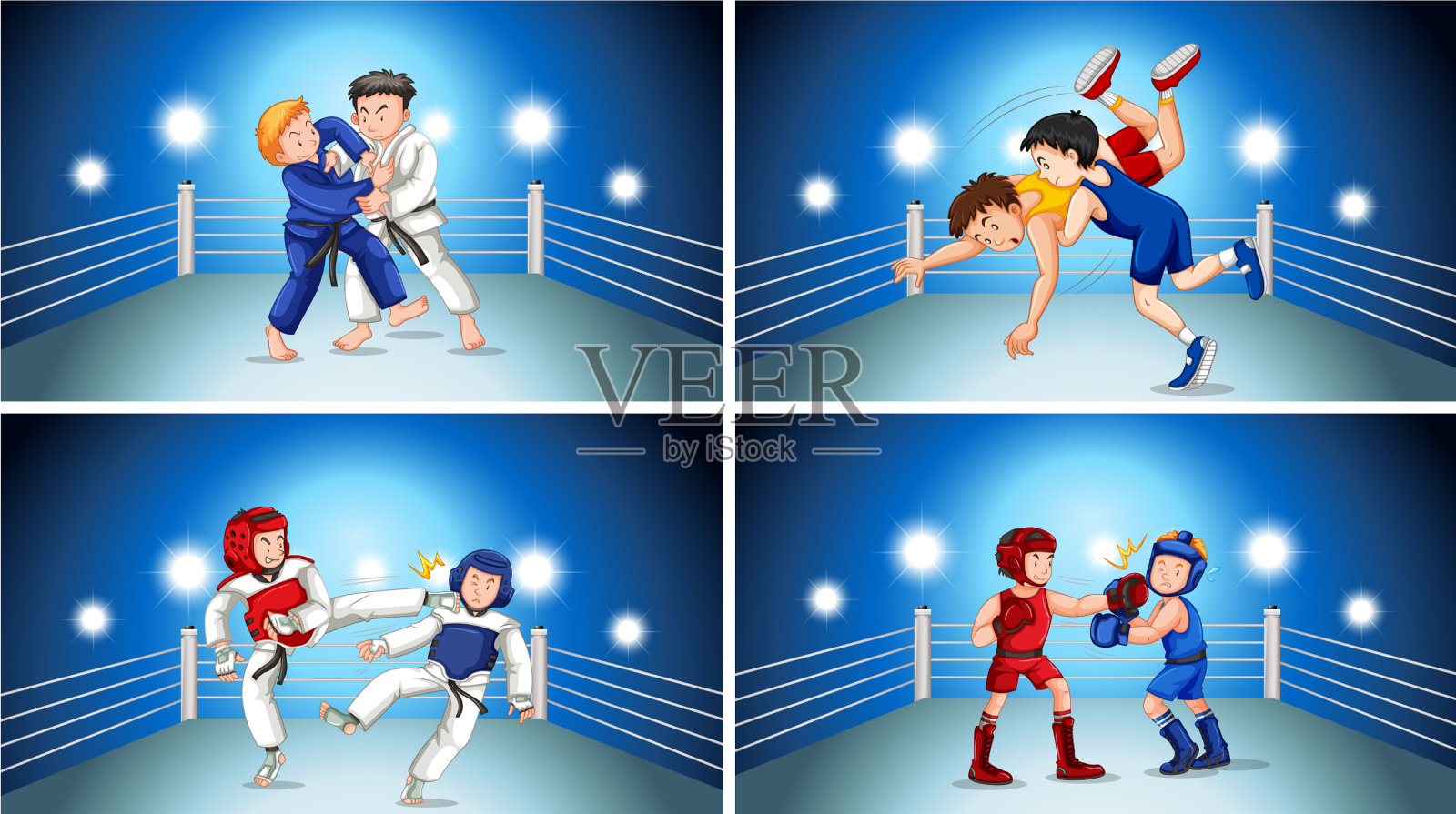 四个不同类型的武术场景插画图片素材