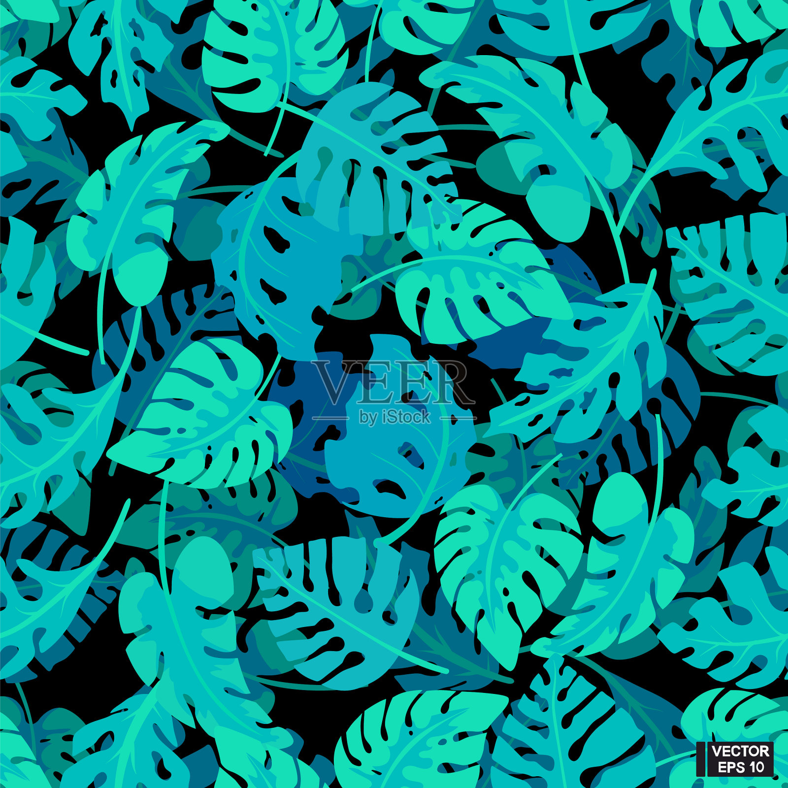 蓝色热带叶子无缝图案插画图片素材