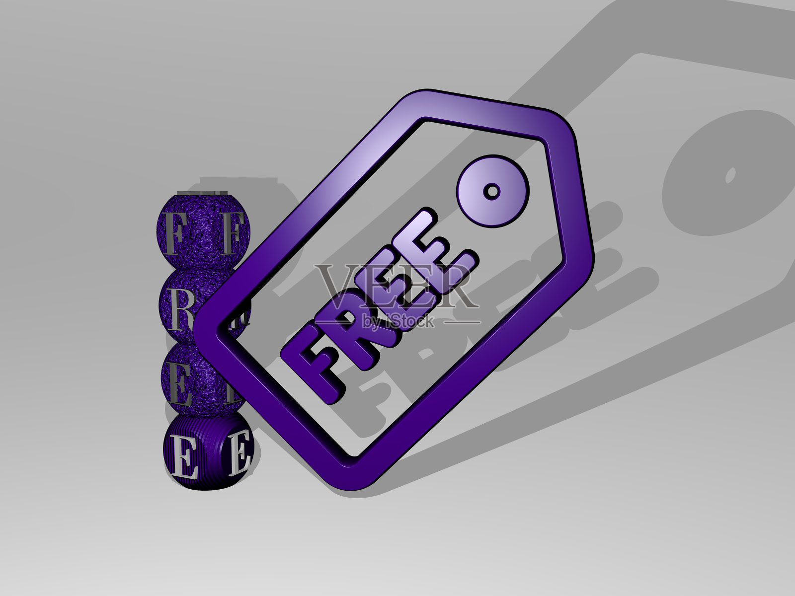 3D插图的自由图形和文本周围的图标由金属骰子字母的相关含义的概念和表示。背景和卡通照片摄影图片